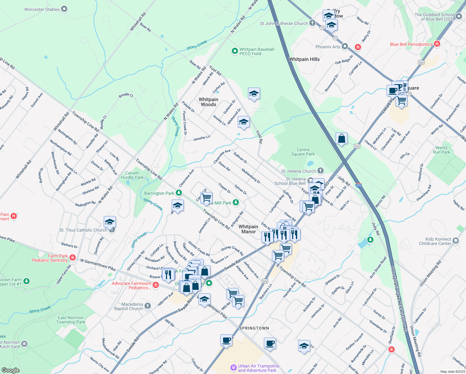 map of restaurants, bars, coffee shops, grocery stores, and more near 1618 Sylvan Dr in Blue Bell