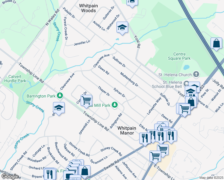 map of restaurants, bars, coffee shops, grocery stores, and more near 1618 Sylvan Dr in Blue Bell