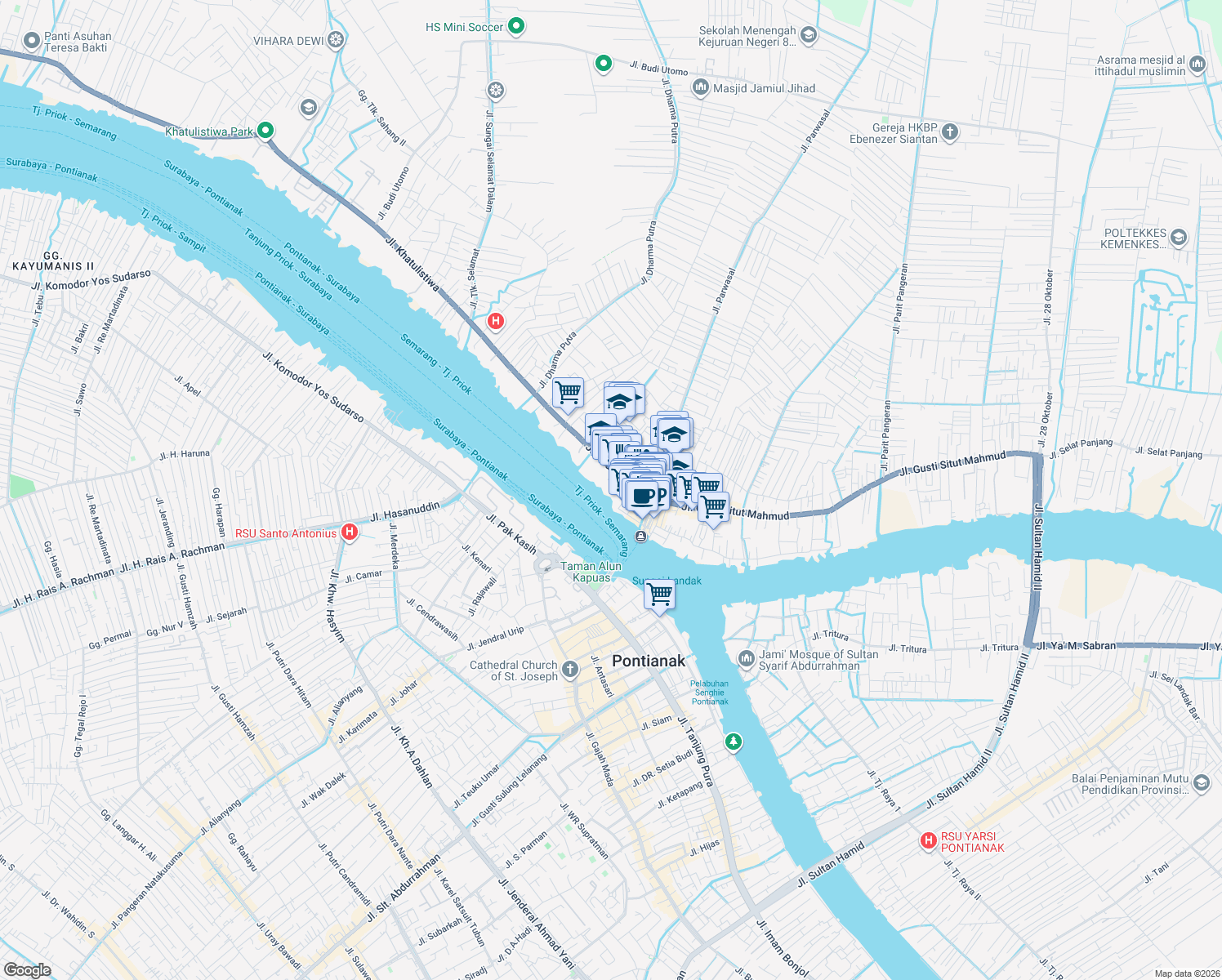 map of restaurants, bars, coffee shops, grocery stores, and more near Jalan Khatulistiwa in Kota Pontianak