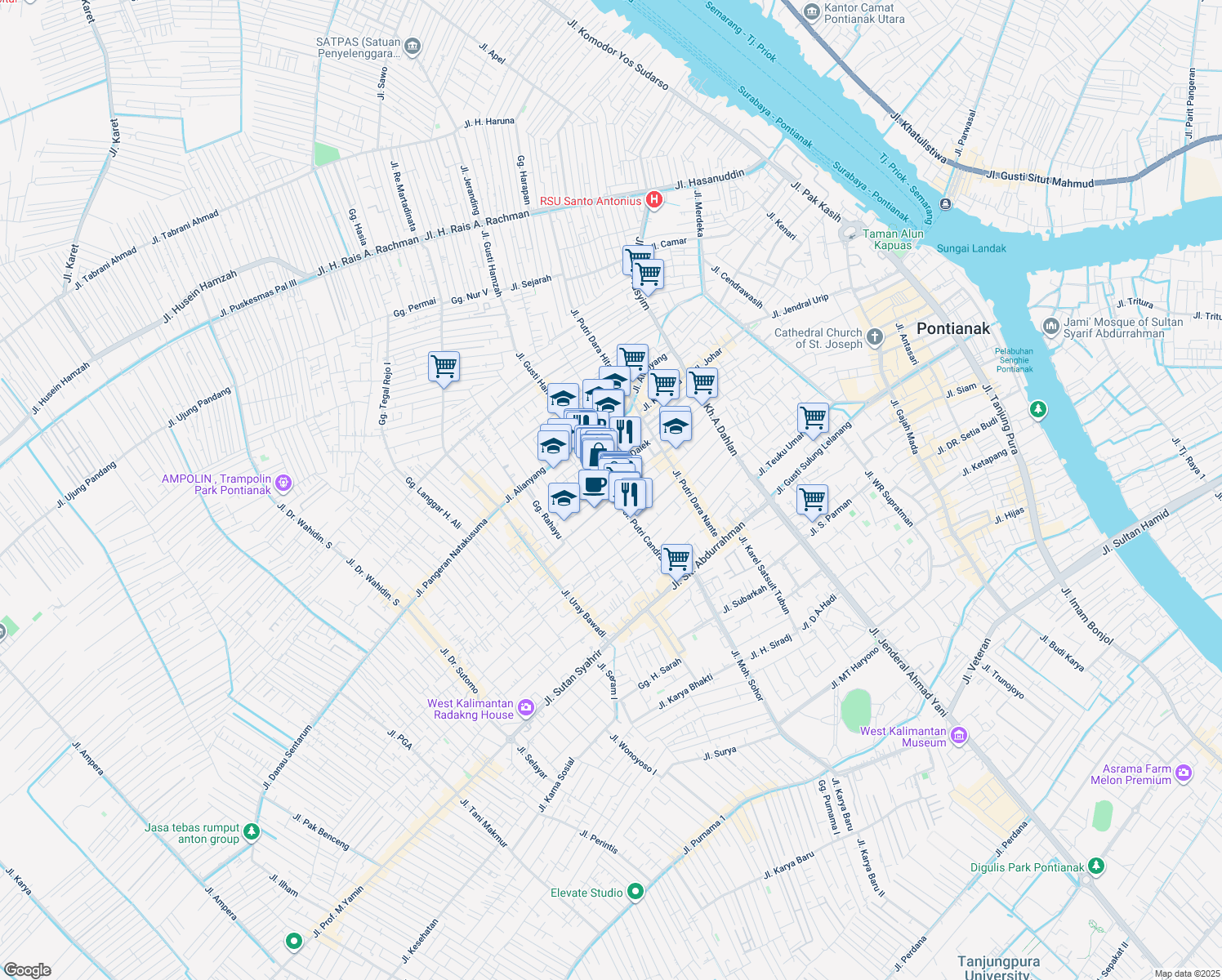 map of restaurants, bars, coffee shops, grocery stores, and more near in Pontianak