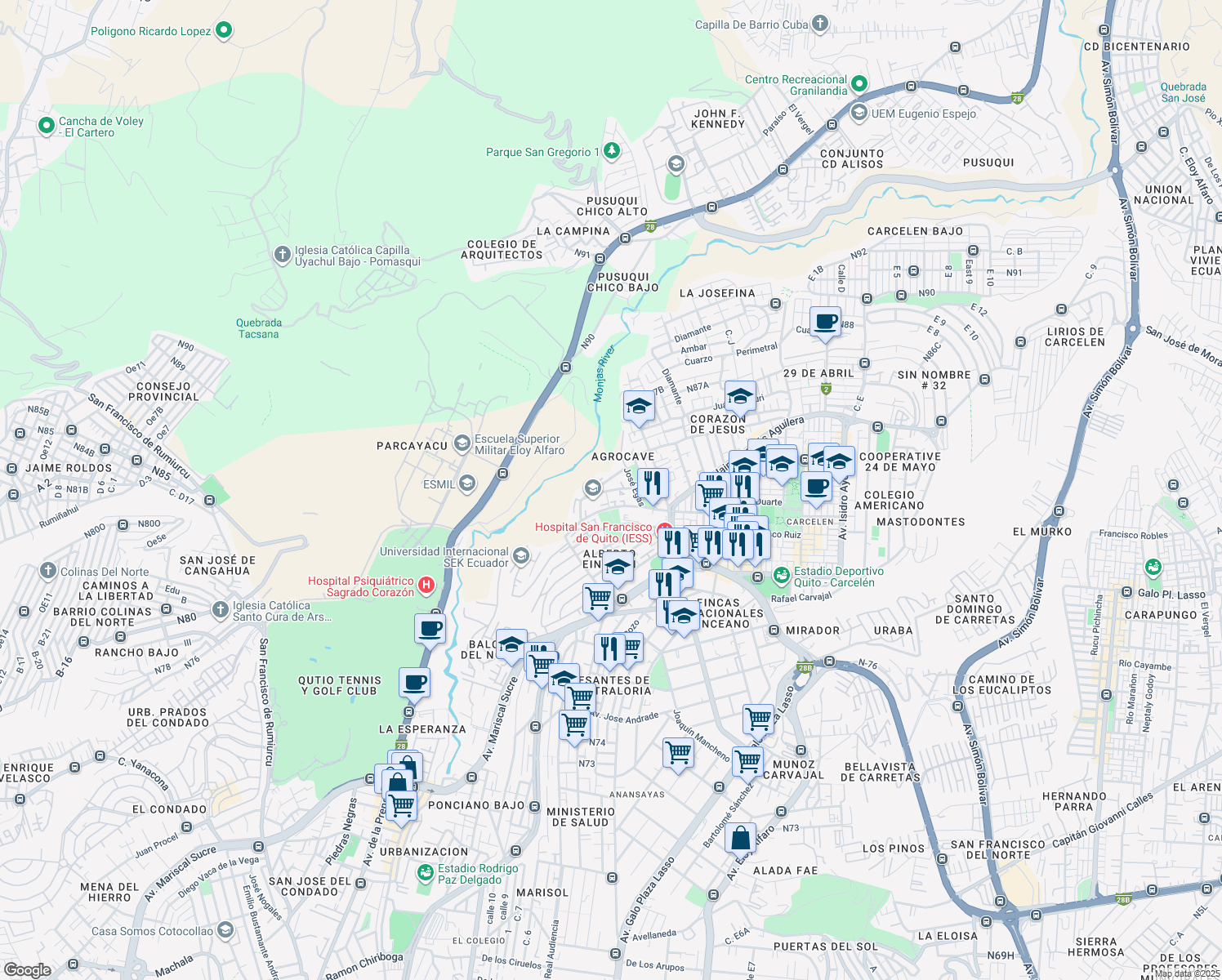 map of restaurants, bars, coffee shops, grocery stores, and more near Cordero in Quito