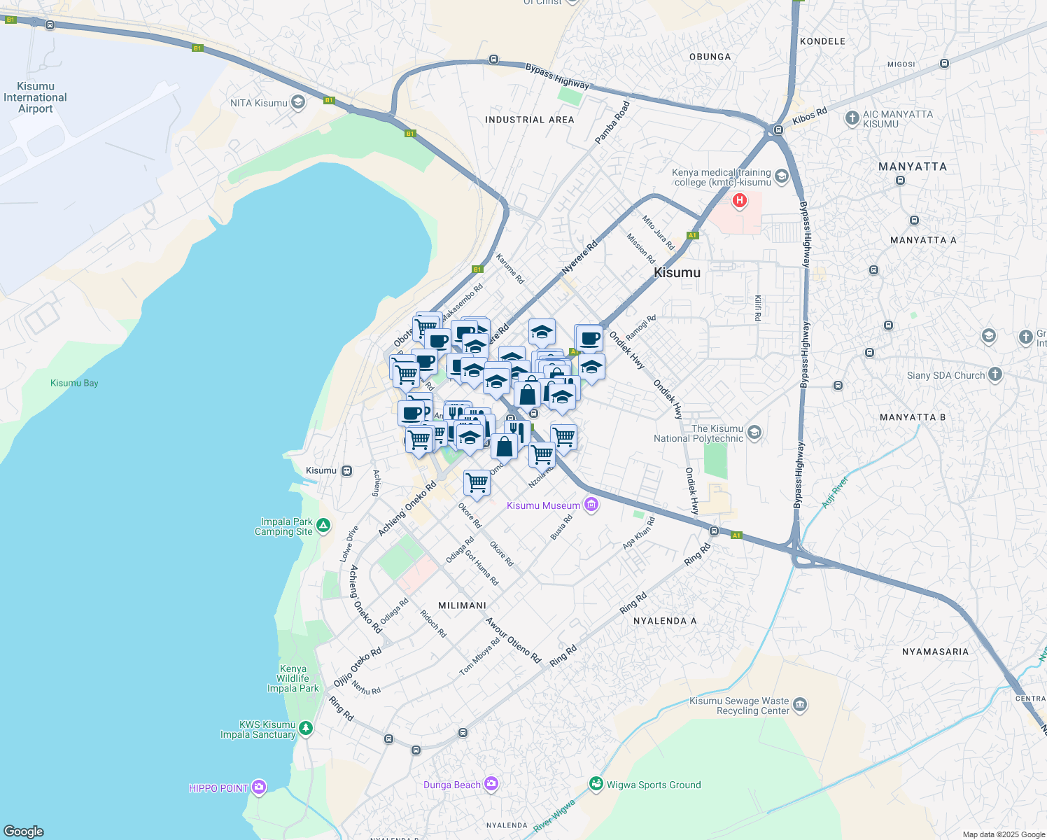 map of restaurants, bars, coffee shops, grocery stores, and more near Kisumu - Busia Road in Kisumu