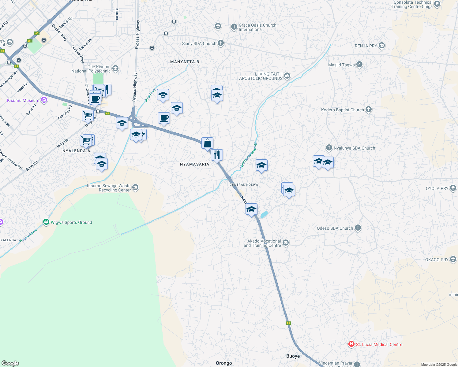 map of restaurants, bars, coffee shops, grocery stores, and more near Kisumu - Busia Road in Kisumu
