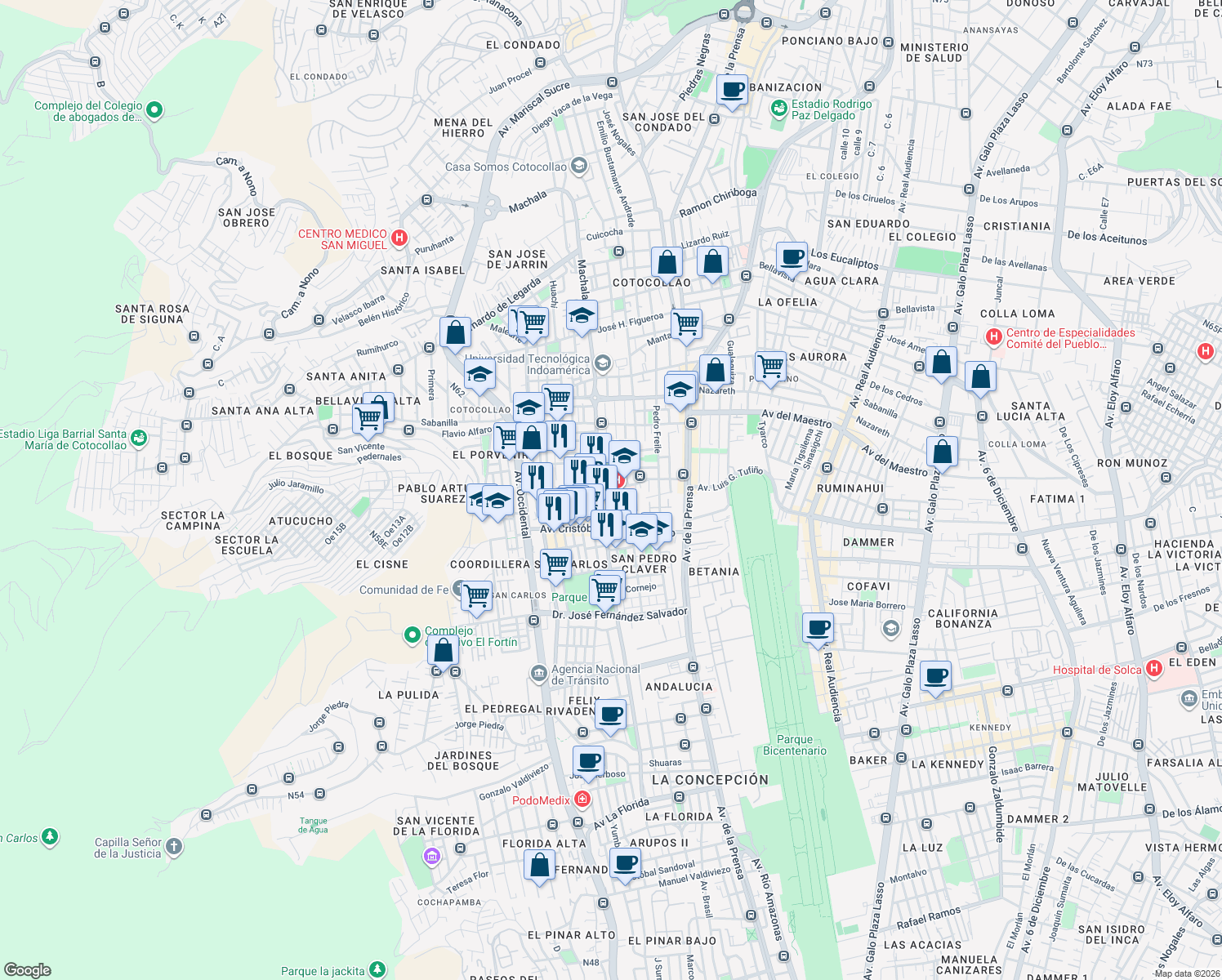 map of restaurants, bars, coffee shops, grocery stores, and more near Ángel Ludeña in Quito