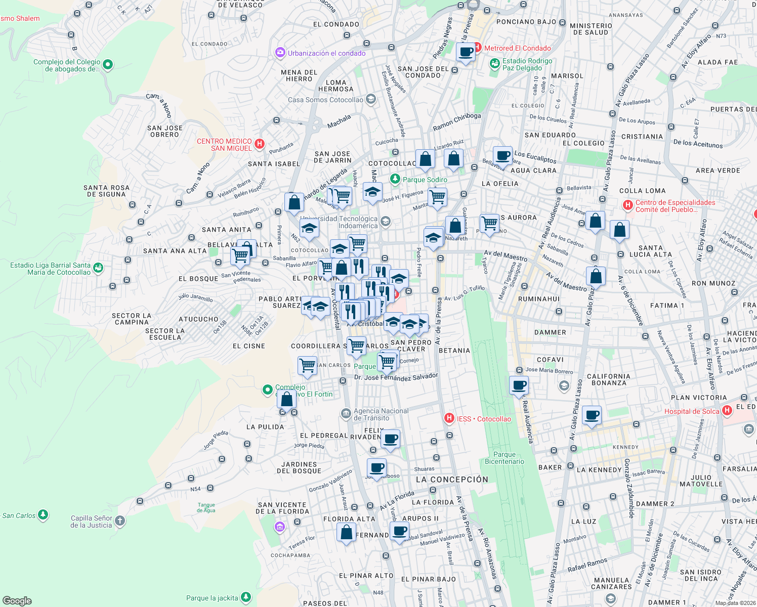 map of restaurants, bars, coffee shops, grocery stores, and more near Ángel Ludeña in Quito