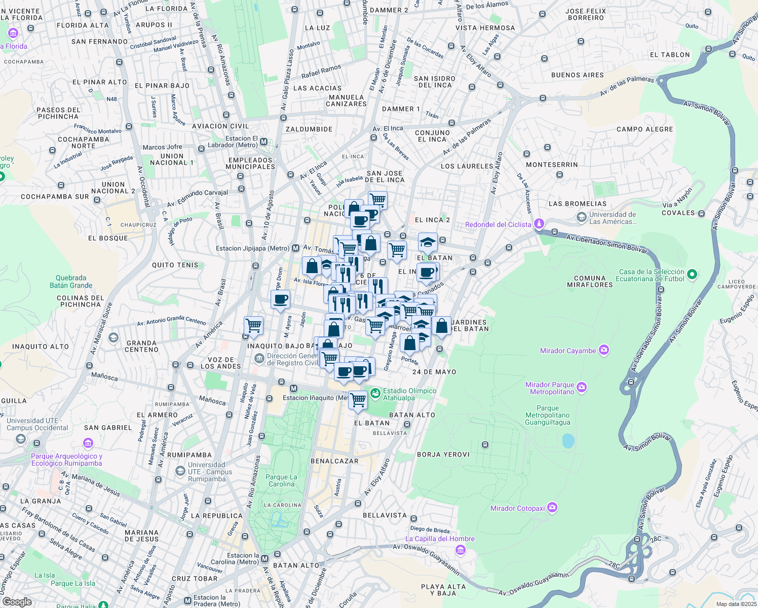 map of restaurants, bars, coffee shops, grocery stores, and more near Avenida 6 de Diciembre in Quito