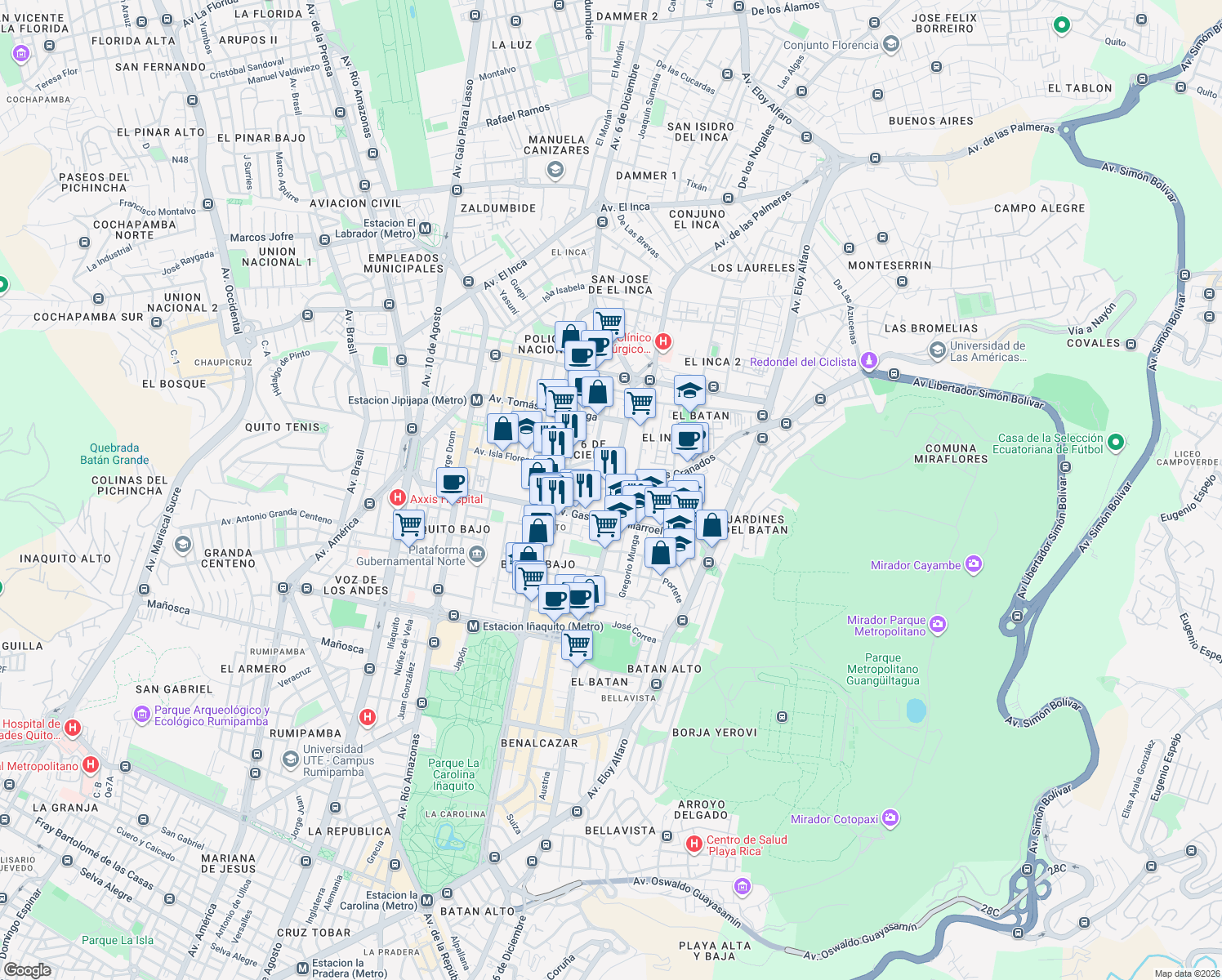 map of restaurants, bars, coffee shops, grocery stores, and more near Avenida 6 de Diciembre in Quito