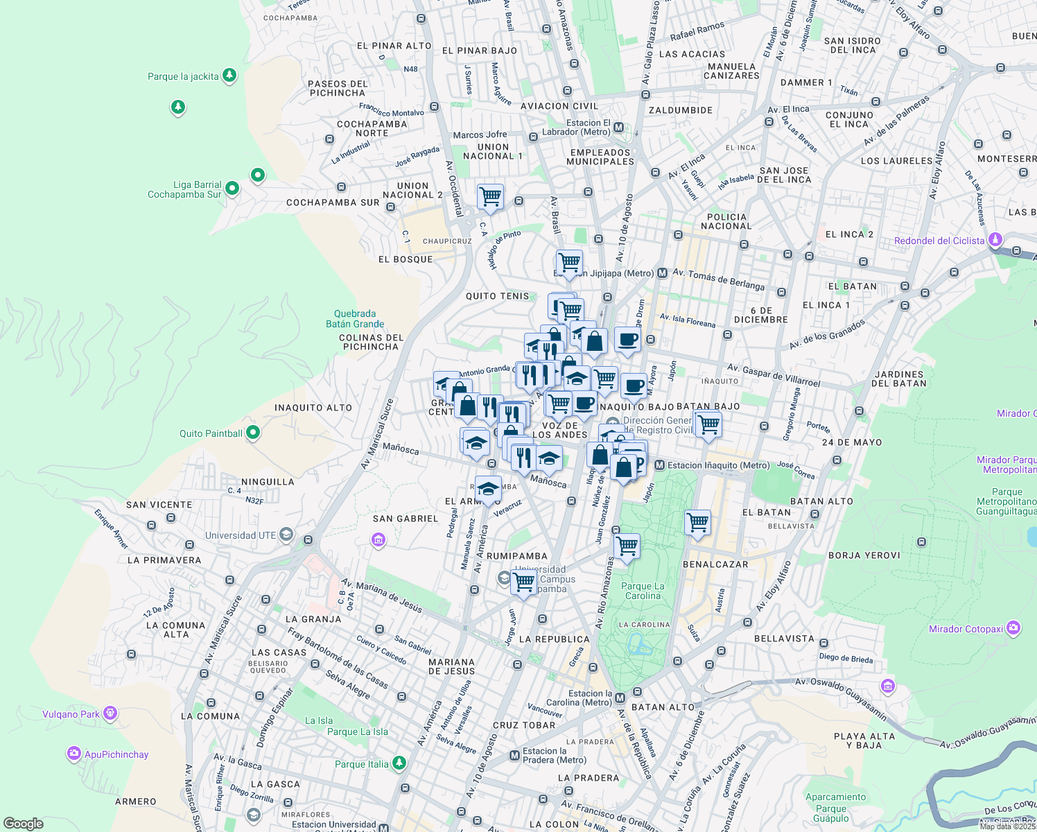 map of restaurants, bars, coffee shops, grocery stores, and more near Avenida América in Quito