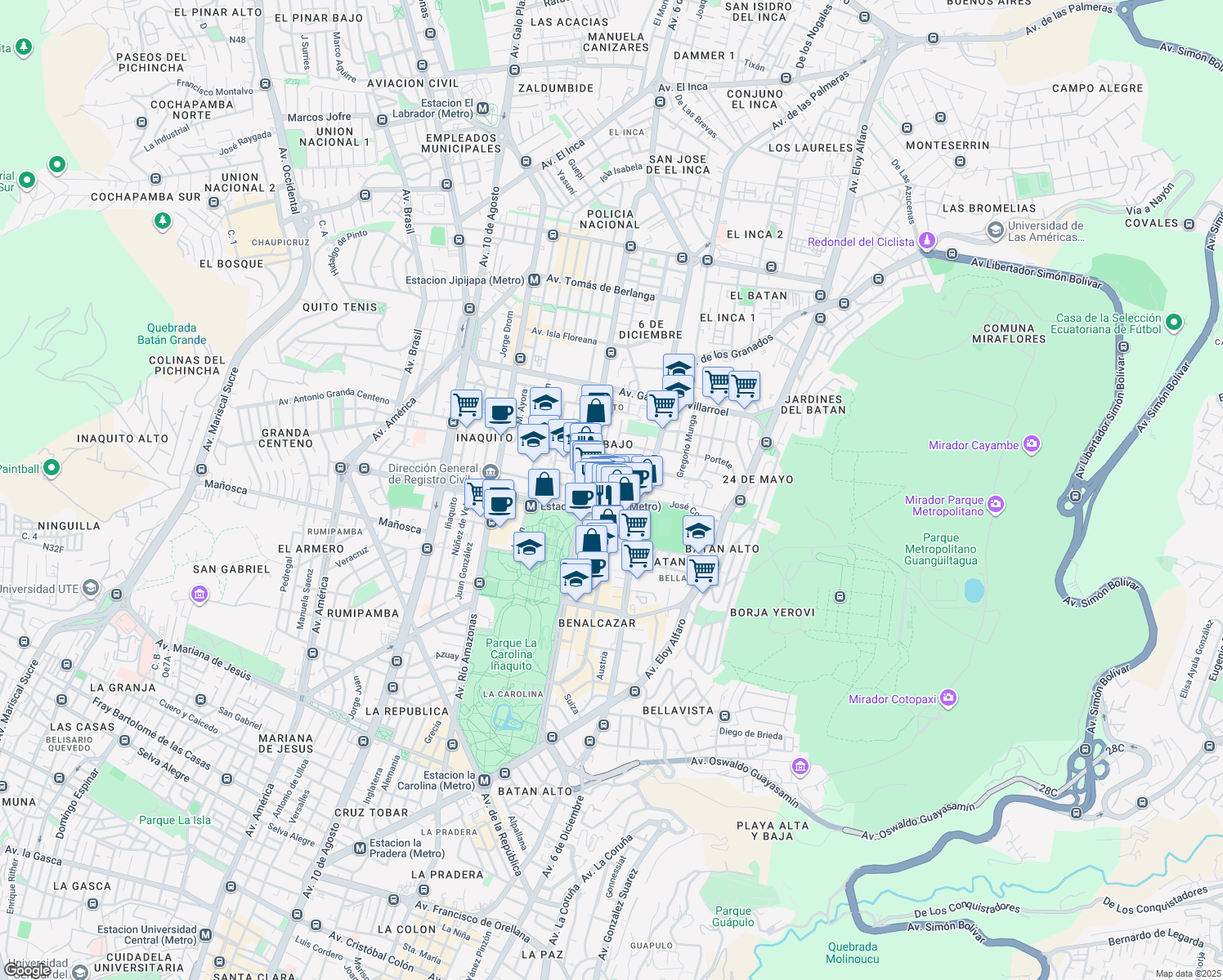 map of restaurants, bars, coffee shops, grocery stores, and more near in Quito