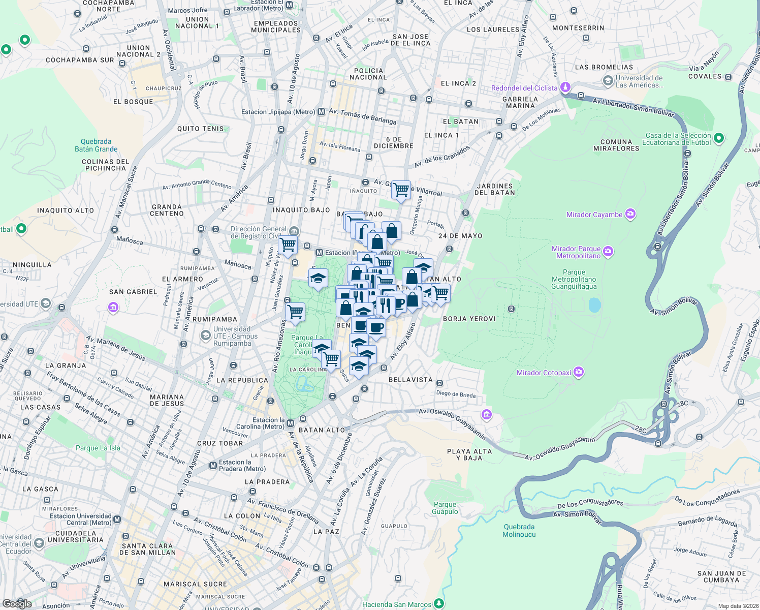 map of restaurants, bars, coffee shops, grocery stores, and more near in Quito