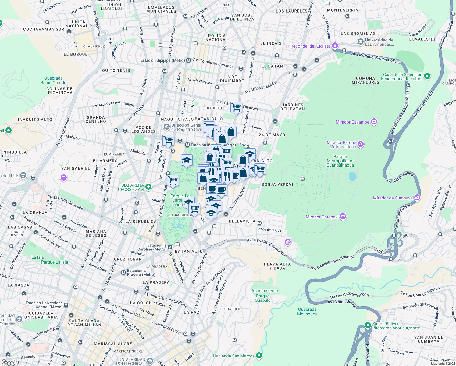 map of restaurants, bars, coffee shops, grocery stores, and more near Avenida Portugal in Quito