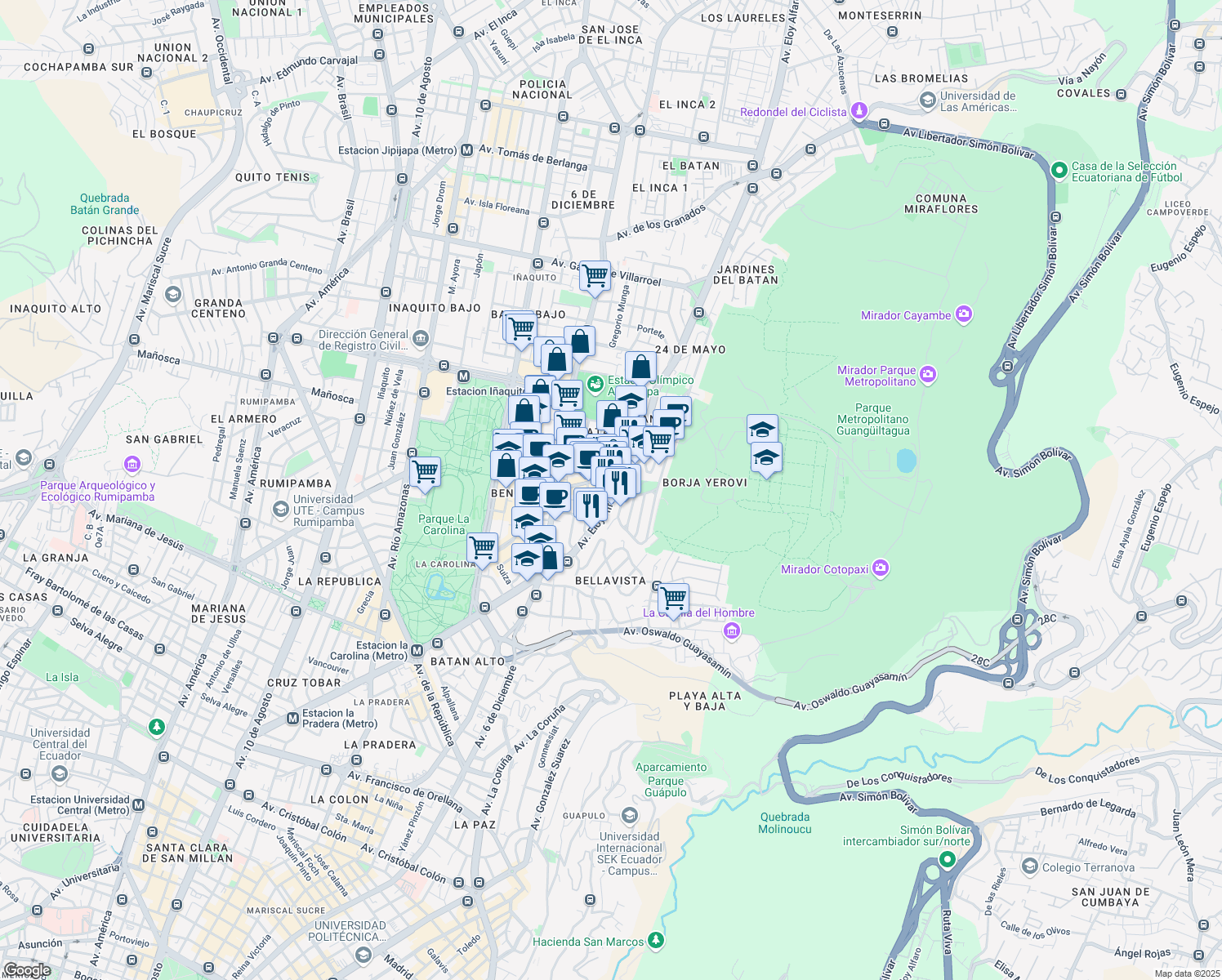 map of restaurants, bars, coffee shops, grocery stores, and more near N34-447 Avenida Eloy Alfaro in Quito