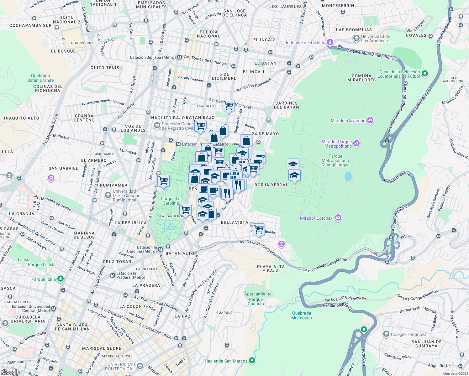 map of restaurants, bars, coffee shops, grocery stores, and more near N34-447 Avenida Eloy Alfaro in Quito
