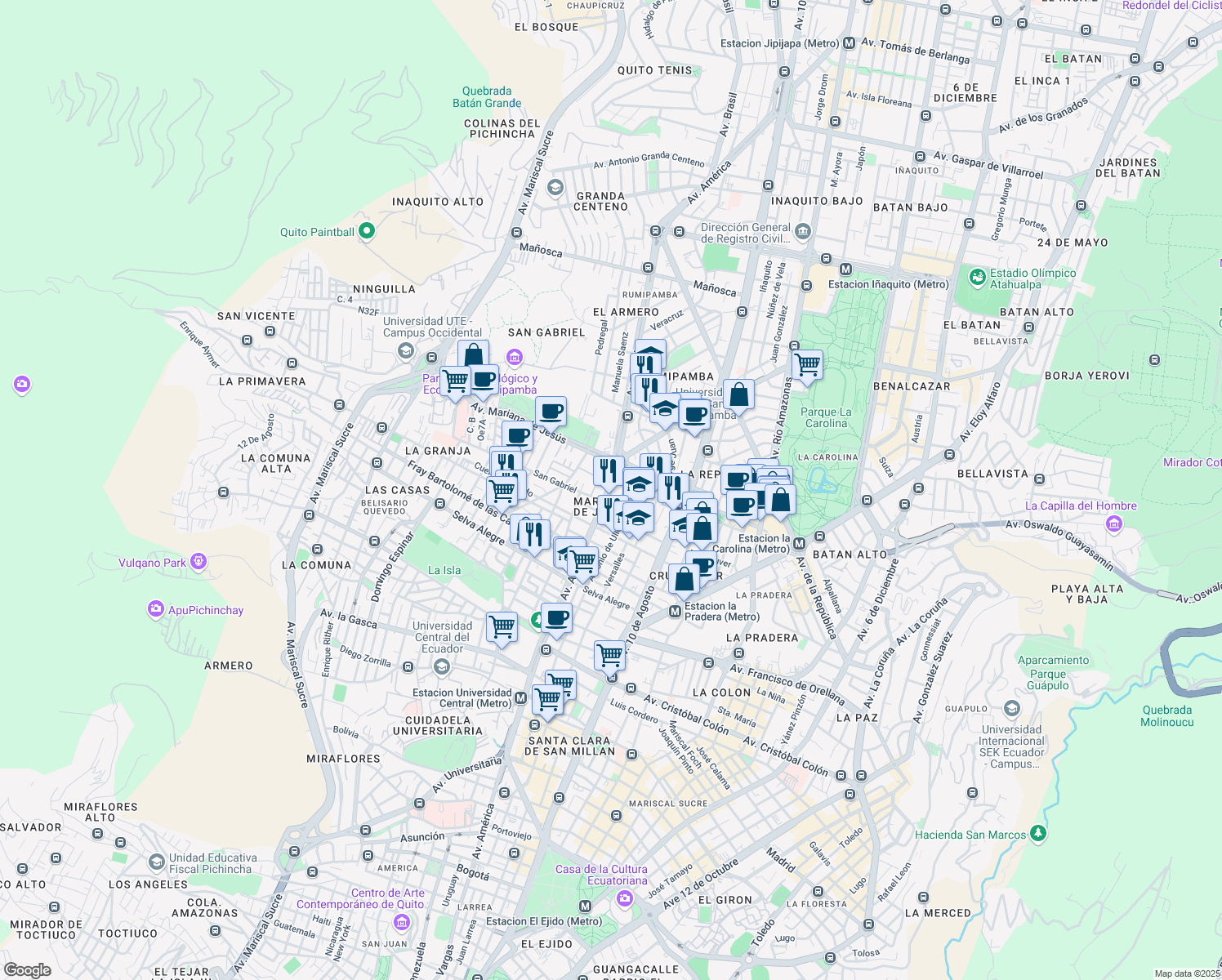 map of restaurants, bars, coffee shops, grocery stores, and more near Avenida América in Quito