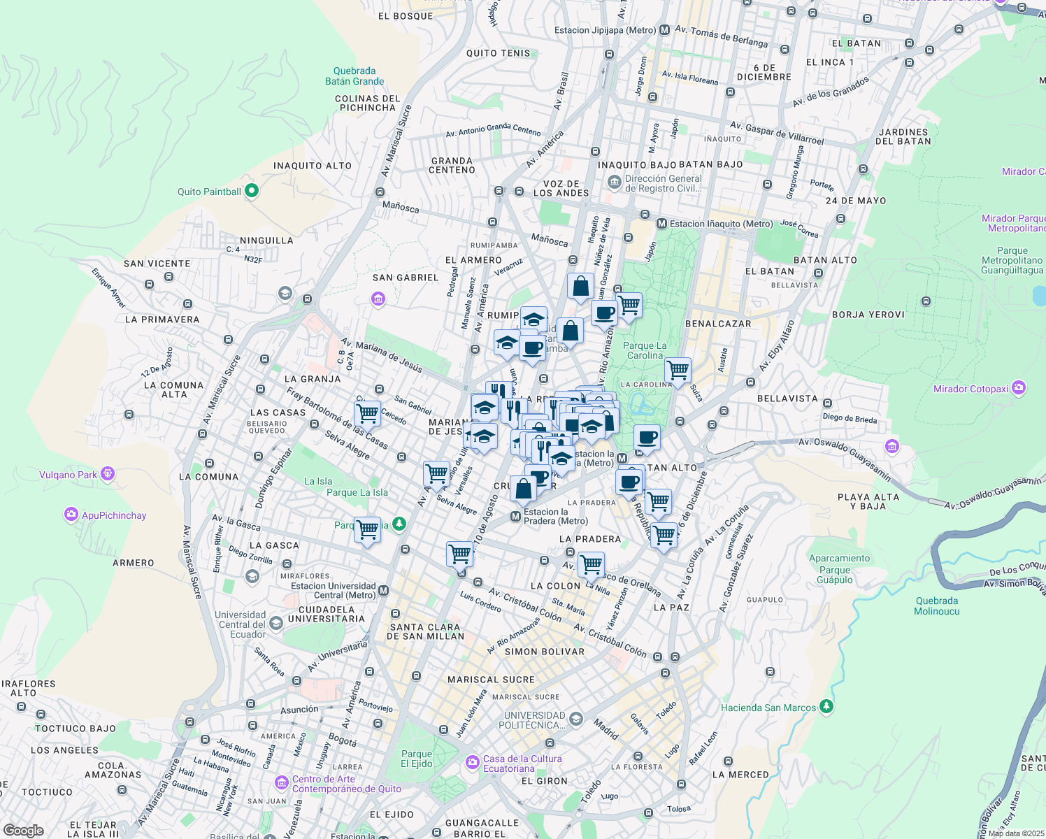 map of restaurants, bars, coffee shops, grocery stores, and more near Avenida 10 de Agosto in Quito
