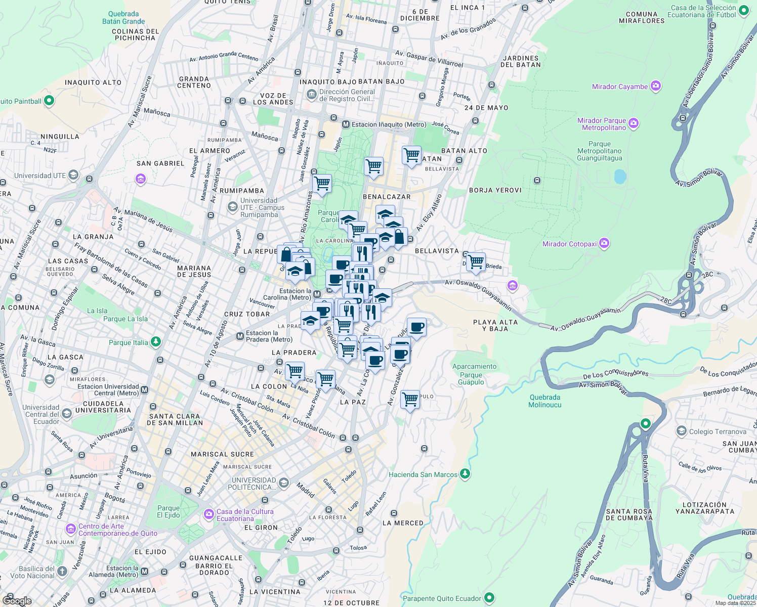 map of restaurants, bars, coffee shops, grocery stores, and more near Avenida 6 de Diciembre in Quito