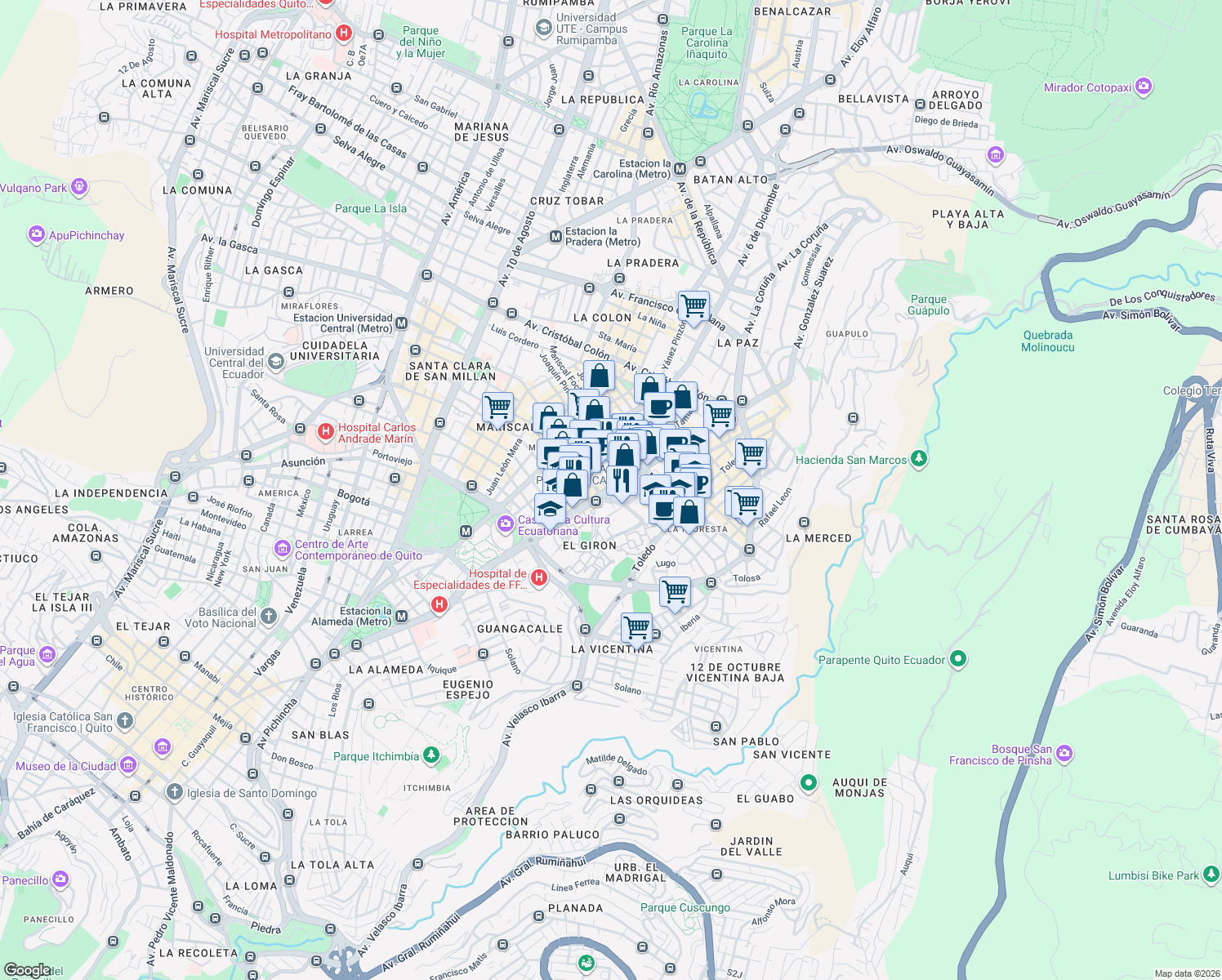 map of restaurants, bars, coffee shops, grocery stores, and more near Avenue 12 de Octubre in Quito