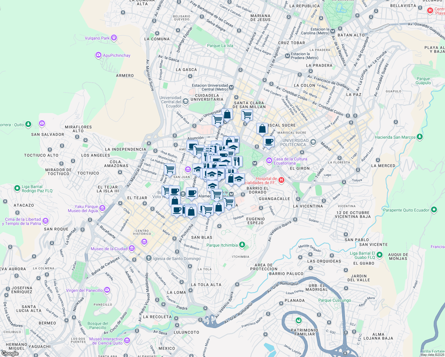 map of restaurants, bars, coffee shops, grocery stores, and more near Avenida 10 de Agosto in Quito