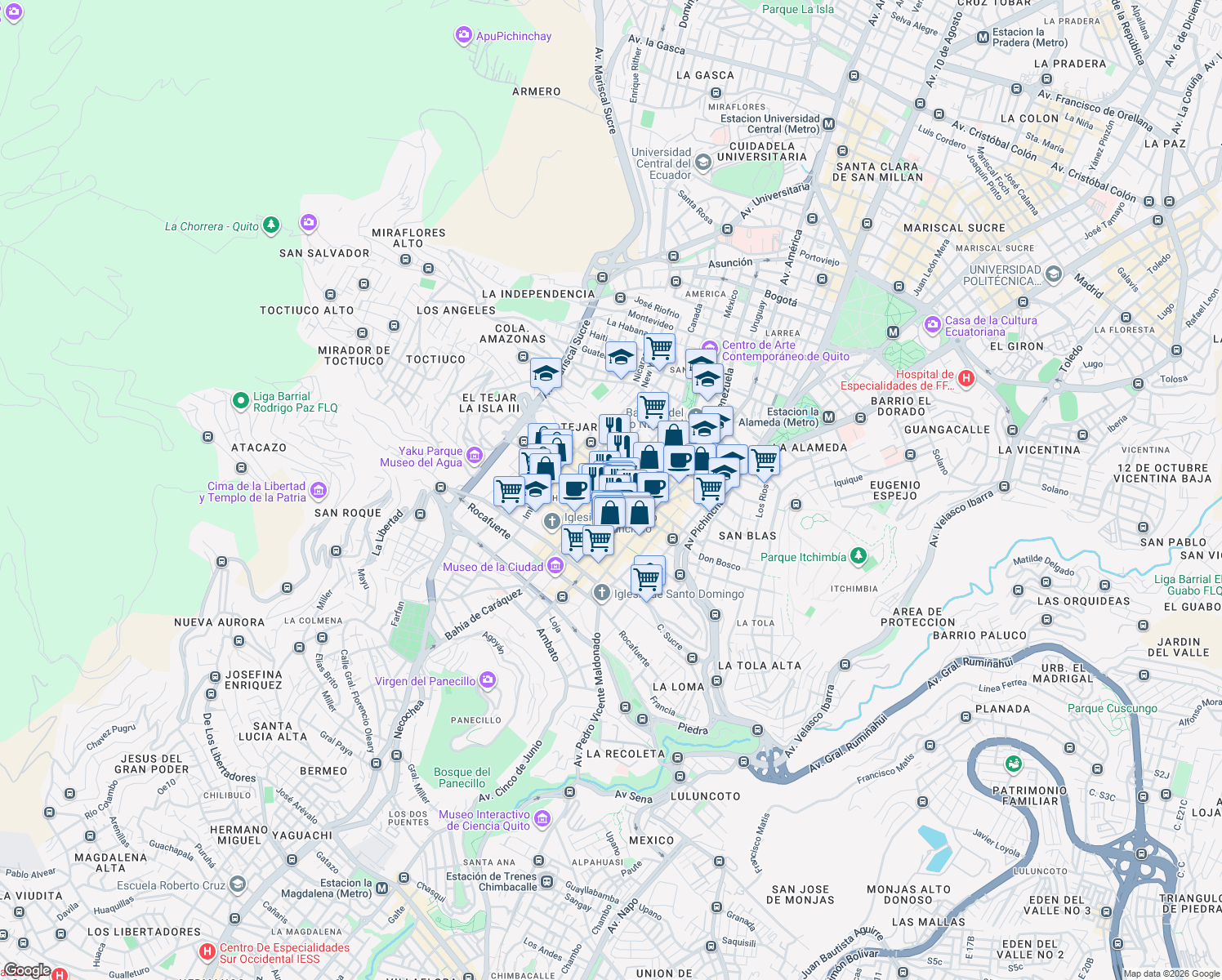 map of restaurants, bars, coffee shops, grocery stores, and more near N6-26 Sebastián de Benalcázar in Quito
