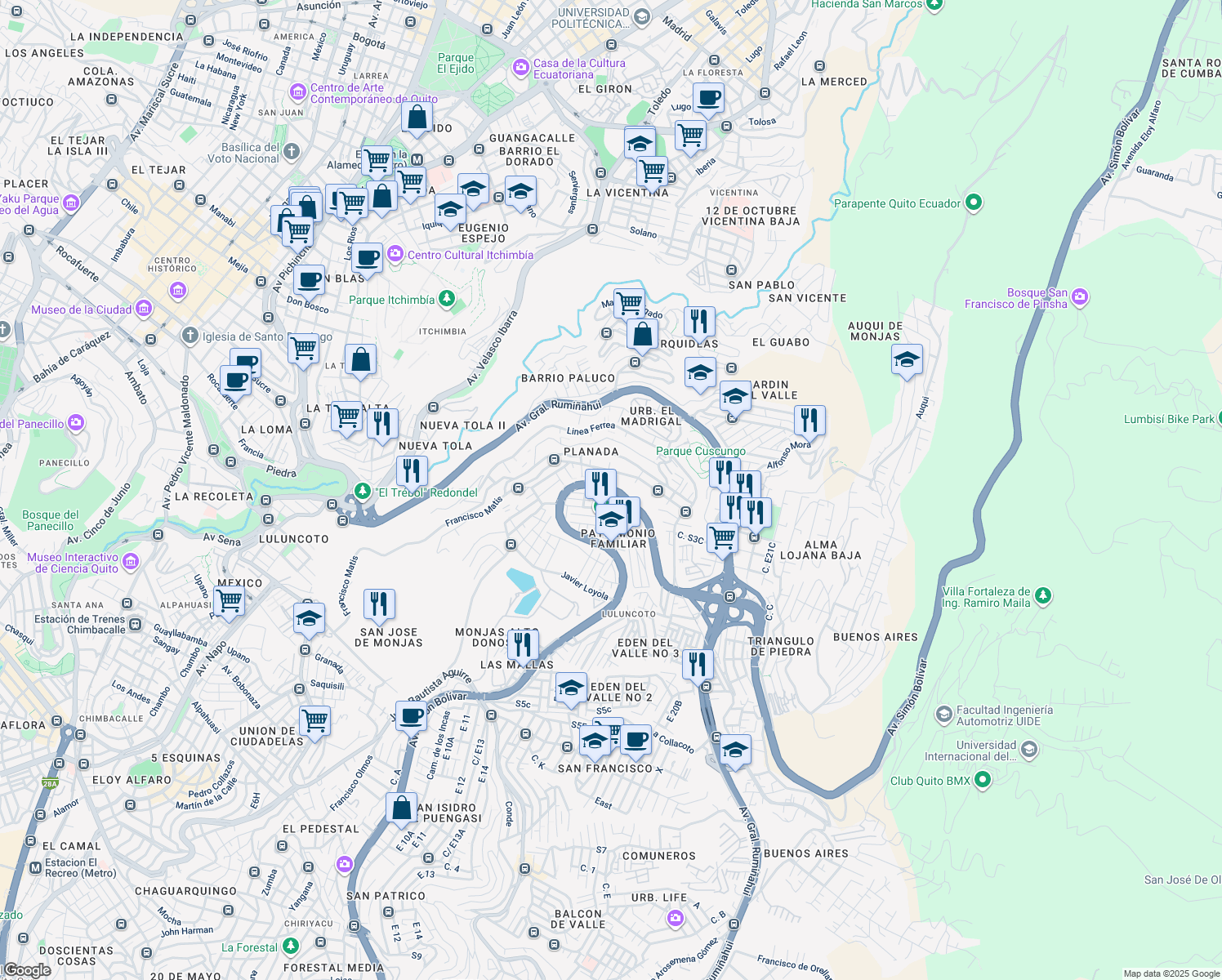 map of restaurants, bars, coffee shops, grocery stores, and more near 170530 Avenida Simón Bolívar in Quito
