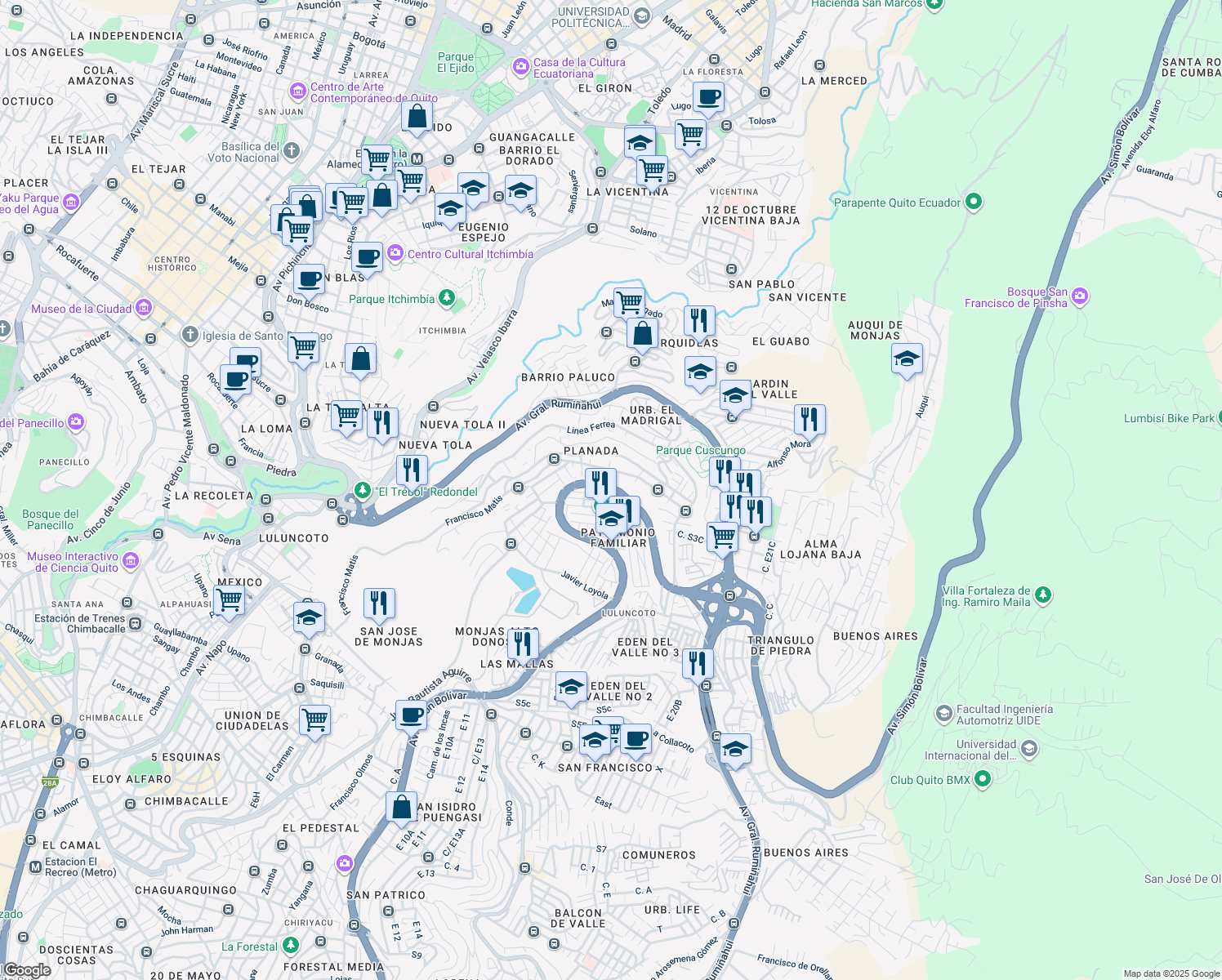 map of restaurants, bars, coffee shops, grocery stores, and more near 170530 Avenida Simón Bolívar in Quito