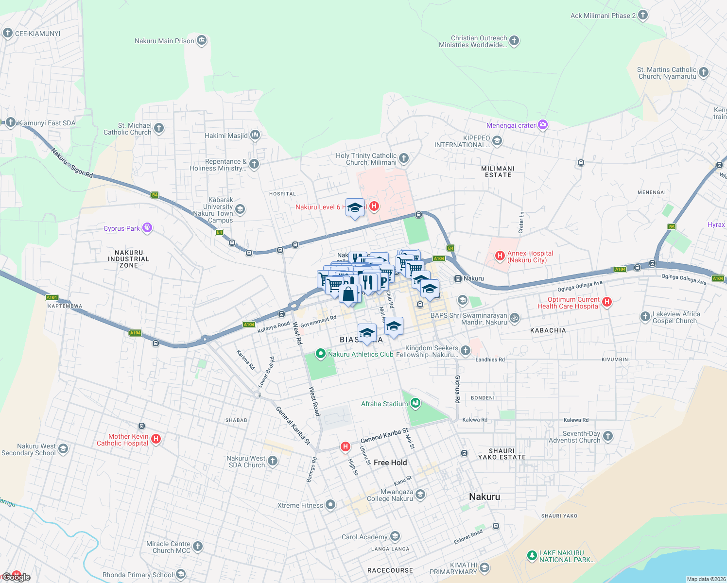 map of restaurants, bars, coffee shops, grocery stores, and more near Kenyatta Avenue in Nakuru