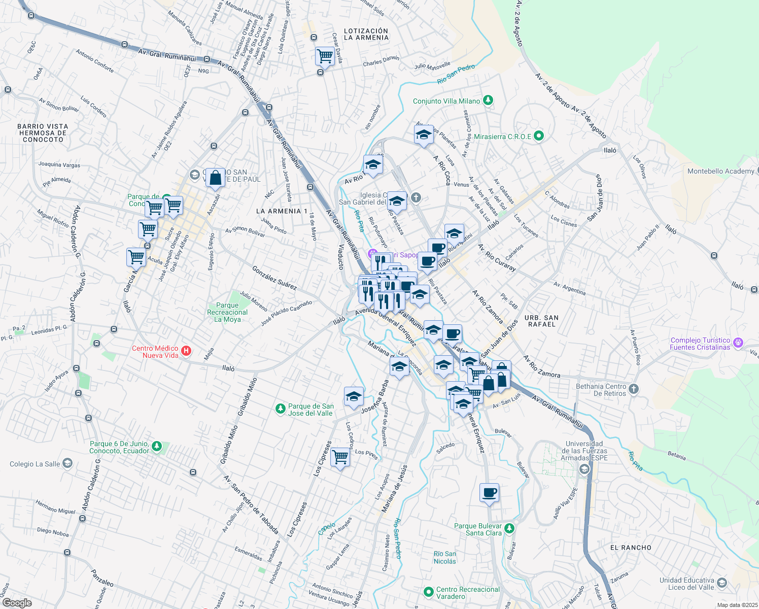 map of restaurants, bars, coffee shops, grocery stores, and more near Avenida Ilaló in Quito