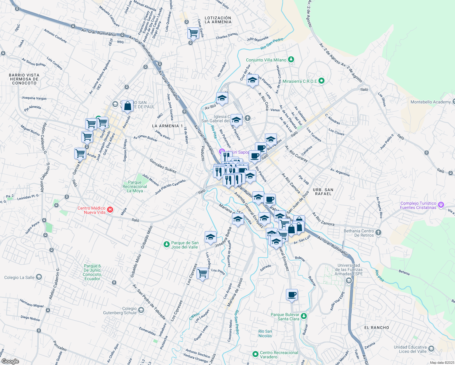 map of restaurants, bars, coffee shops, grocery stores, and more near Avenida Ilaló in Quito