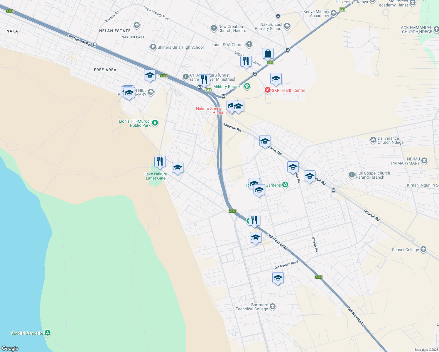 map of restaurants, bars, coffee shops, grocery stores, and more near Old Nairobi Road in Nakuru