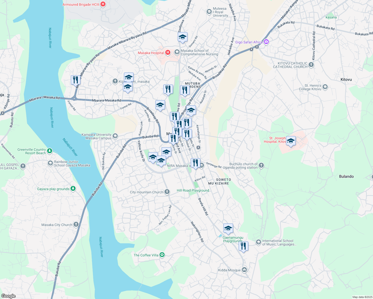 map of restaurants, bars, coffee shops, grocery stores, and more near Sese Road in Masaka