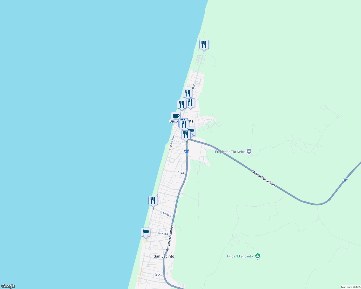map of restaurants, bars, coffee shops, grocery stores, and more near Avenida Quito Norte in San Jacinto
