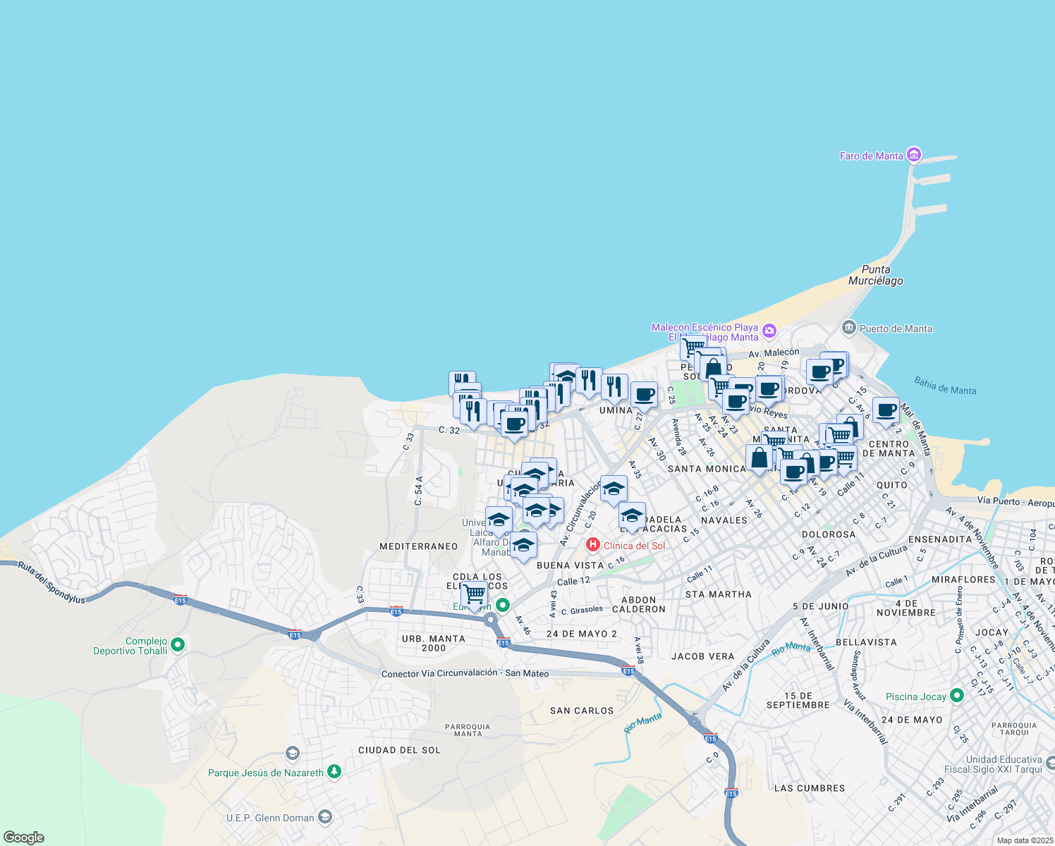 map of restaurants, bars, coffee shops, grocery stores, and more near Avenida Flavio Reyes in Manta