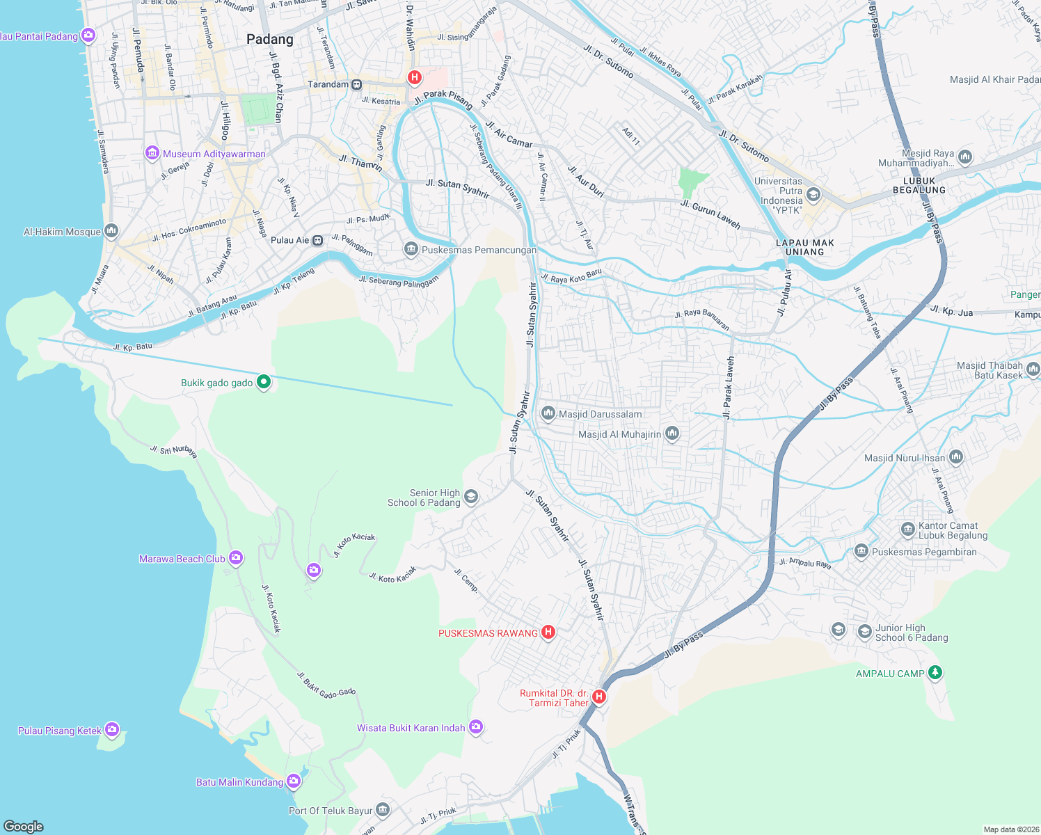 map of restaurants, bars, coffee shops, grocery stores, and more near Jalan Sutan Syahrir in Padang
