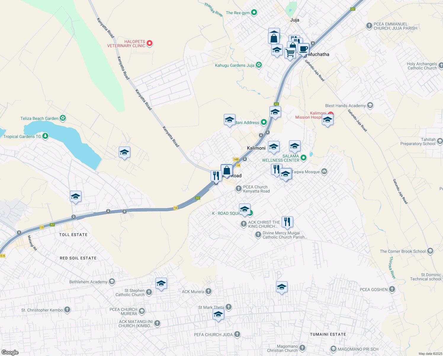 map of restaurants, bars, coffee shops, grocery stores, and more near Thika Super Highway in Kenyatta Road