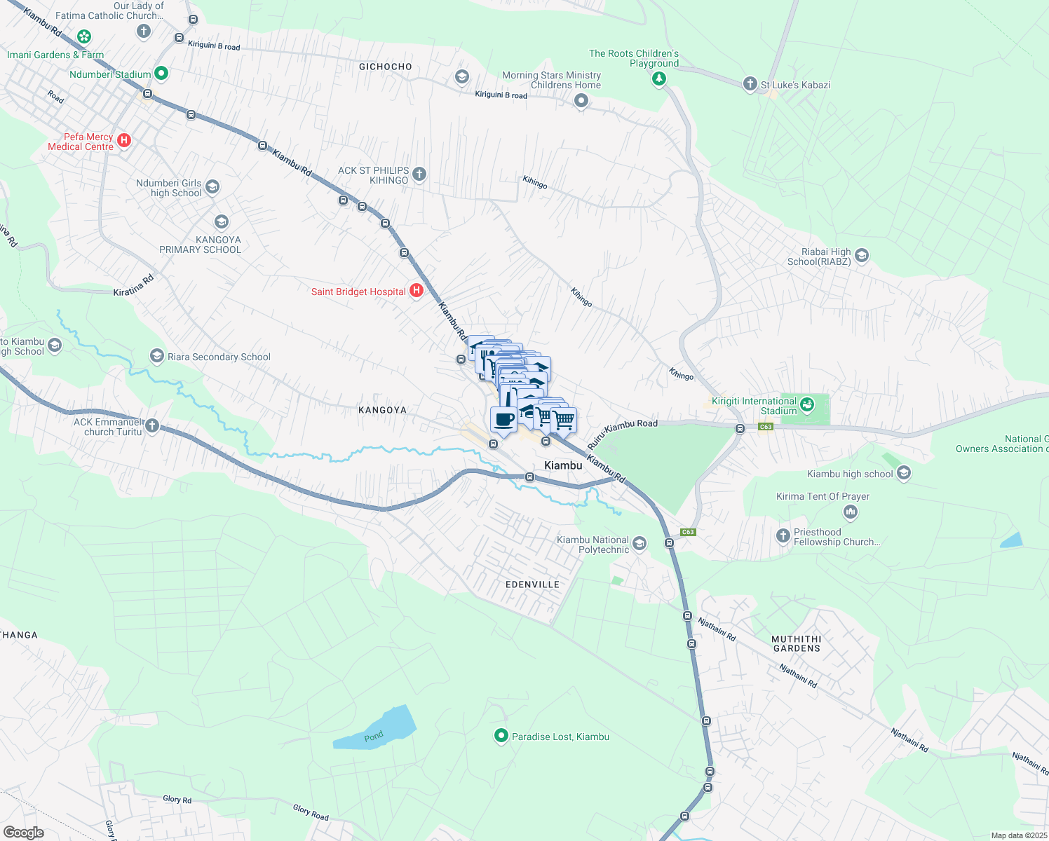 map of restaurants, bars, coffee shops, grocery stores, and more near Kiambu Road in Kiambu