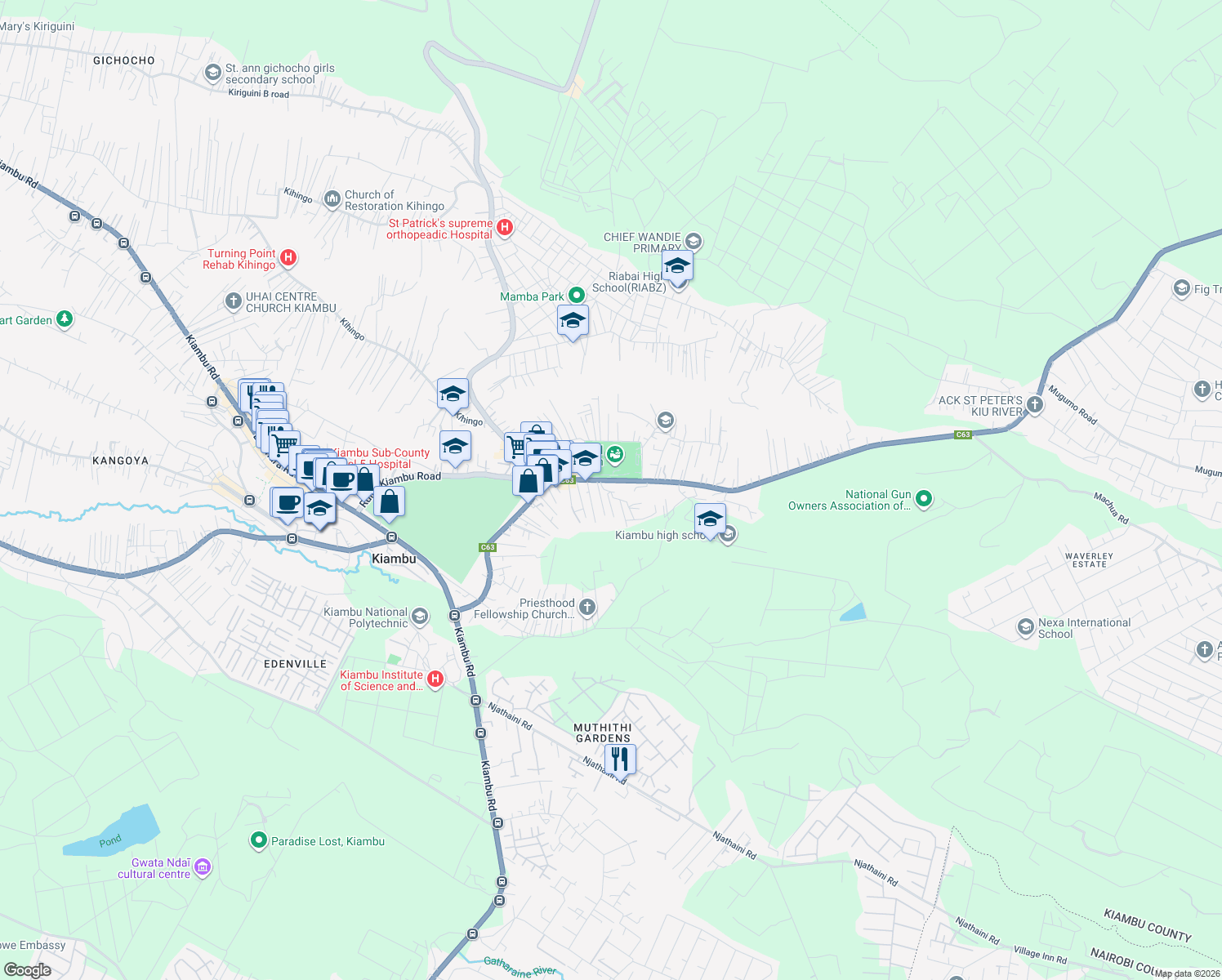 map of restaurants, bars, coffee shops, grocery stores, and more near in Kiambu