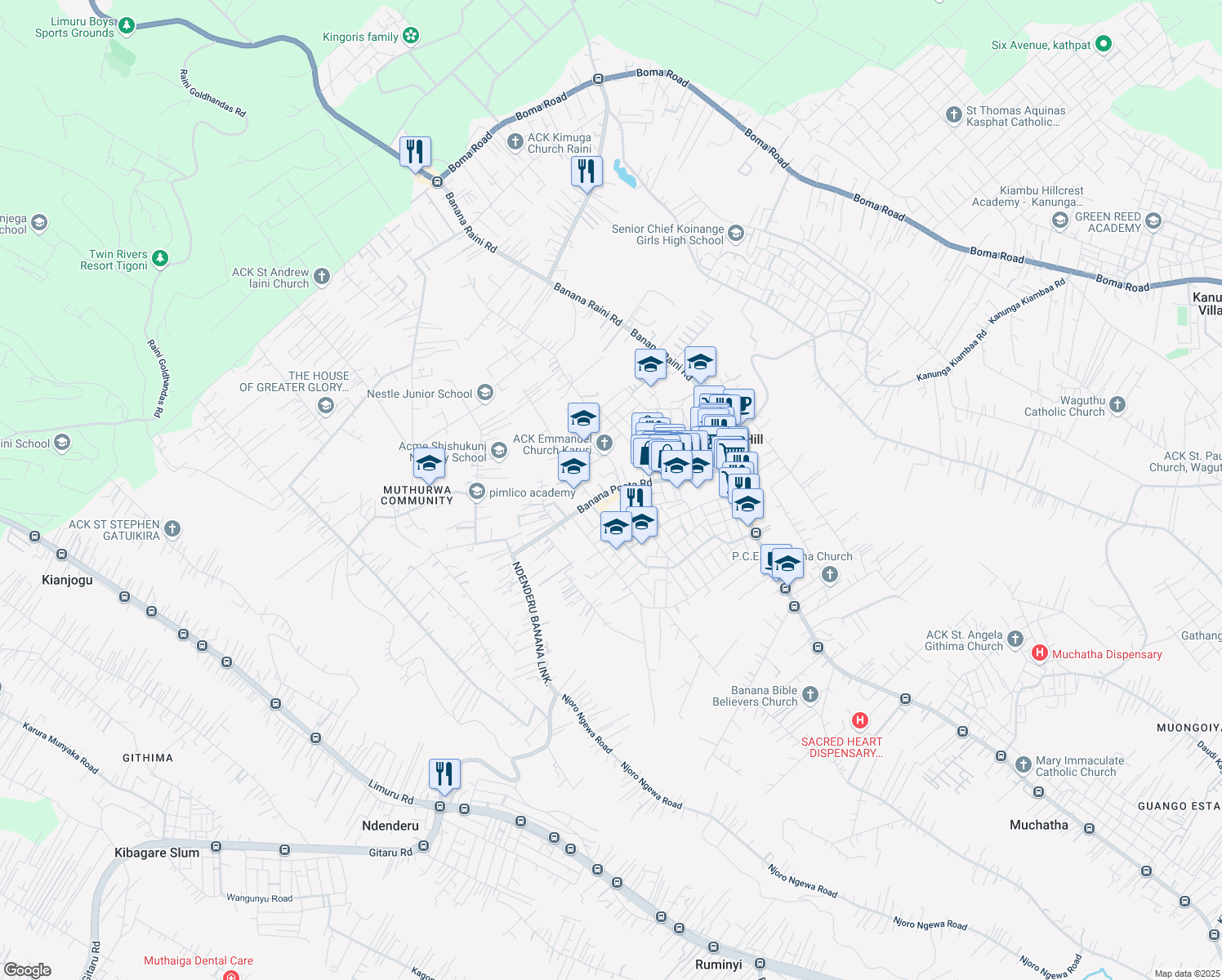 map of restaurants, bars, coffee shops, grocery stores, and more near Banana Post Office Road in Banana Hills