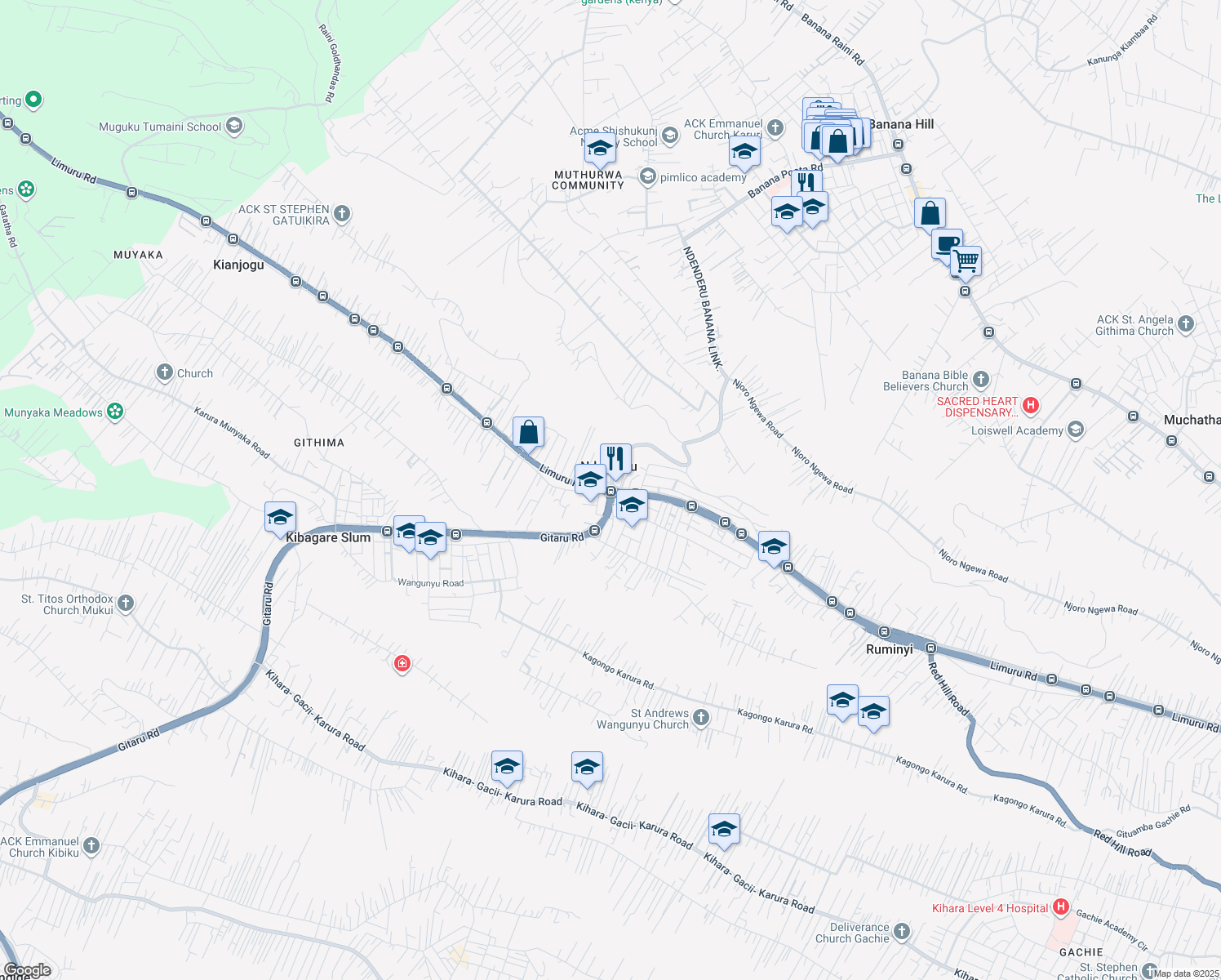 map of restaurants, bars, coffee shops, grocery stores, and more near Limuru Road in Ndenderu