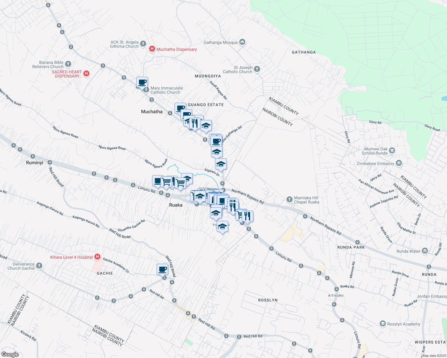 map of restaurants, bars, coffee shops, grocery stores, and more near Banana Raini Rd. in Ruaka Town