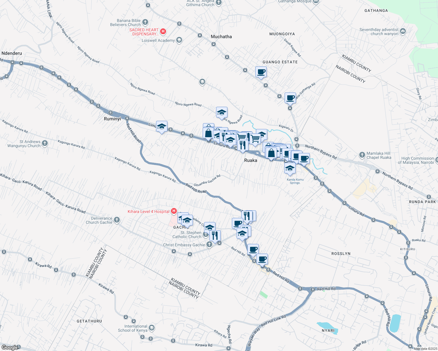 map of restaurants, bars, coffee shops, grocery stores, and more near Gituamba Gachie Road in Ruaka