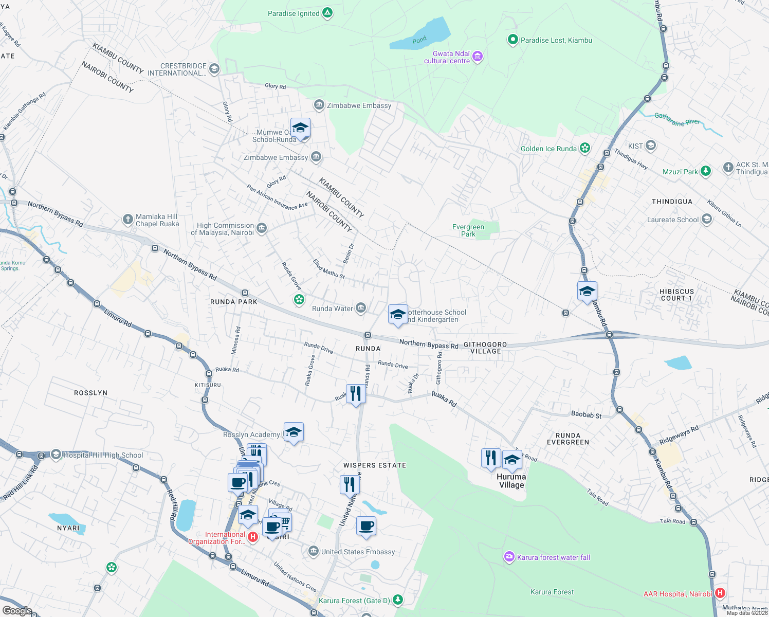 map of restaurants, bars, coffee shops, grocery stores, and more near Runda Road in Nairobi