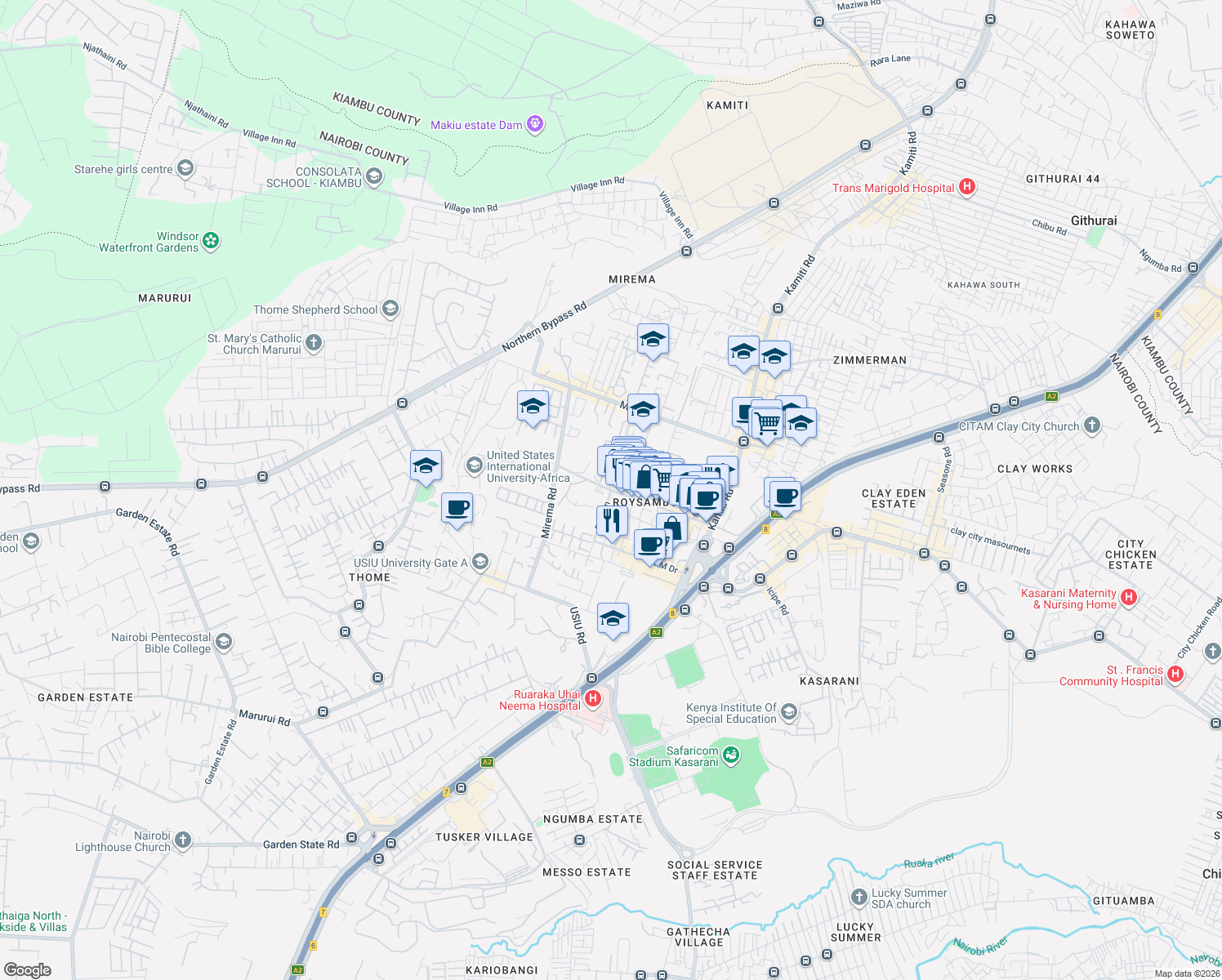 map of restaurants, bars, coffee shops, grocery stores, and more near Lumumba Drive in Nairobi