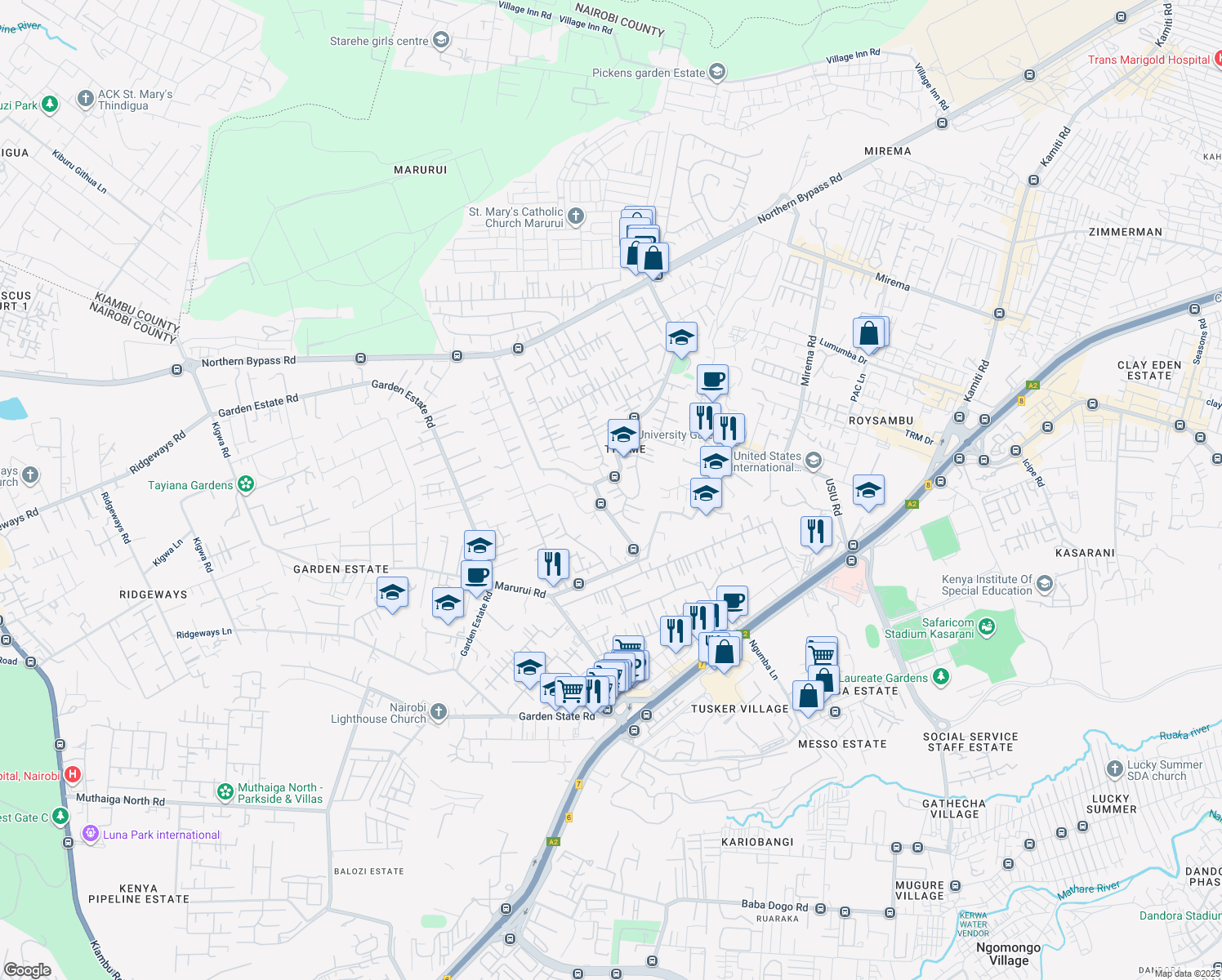 map of restaurants, bars, coffee shops, grocery stores, and more near in Nairobi