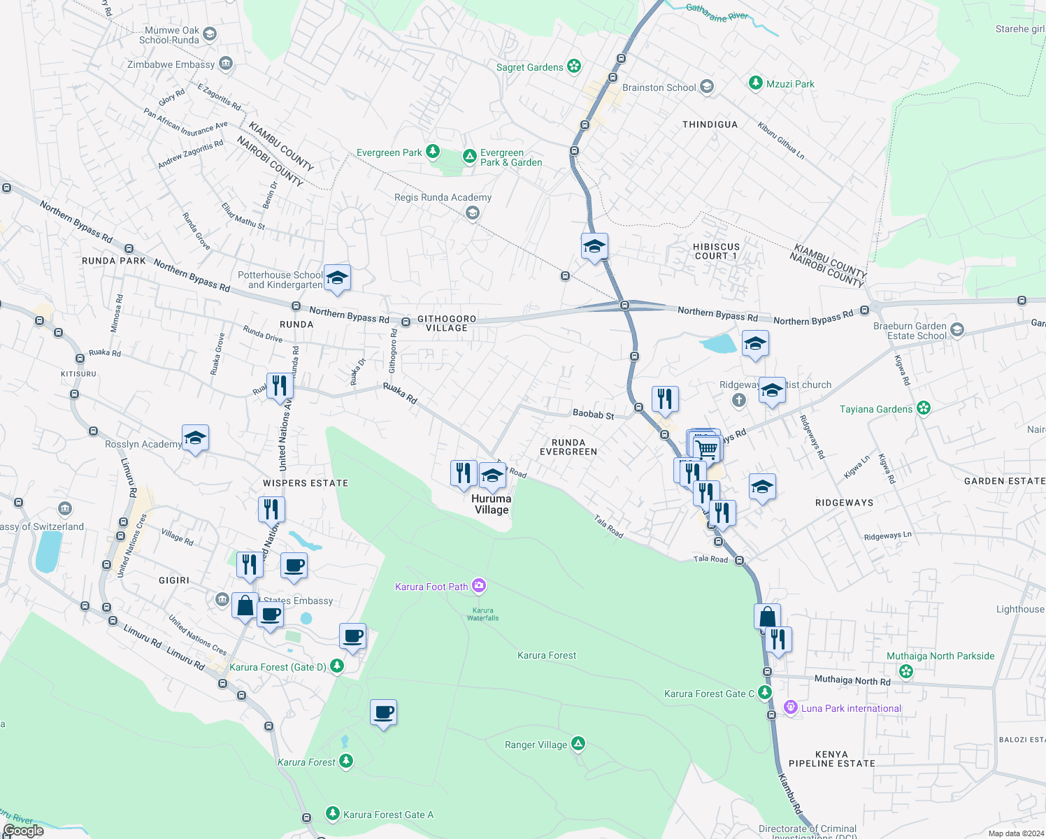 map of restaurants, bars, coffee shops, grocery stores, and more near in Nairobi