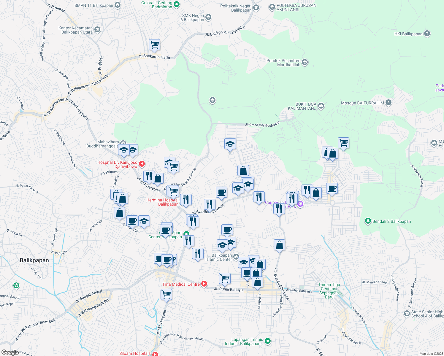 map of restaurants, bars, coffee shops, grocery stores, and more near Jalan Duatan B.Sakai in Kota Balikpapan