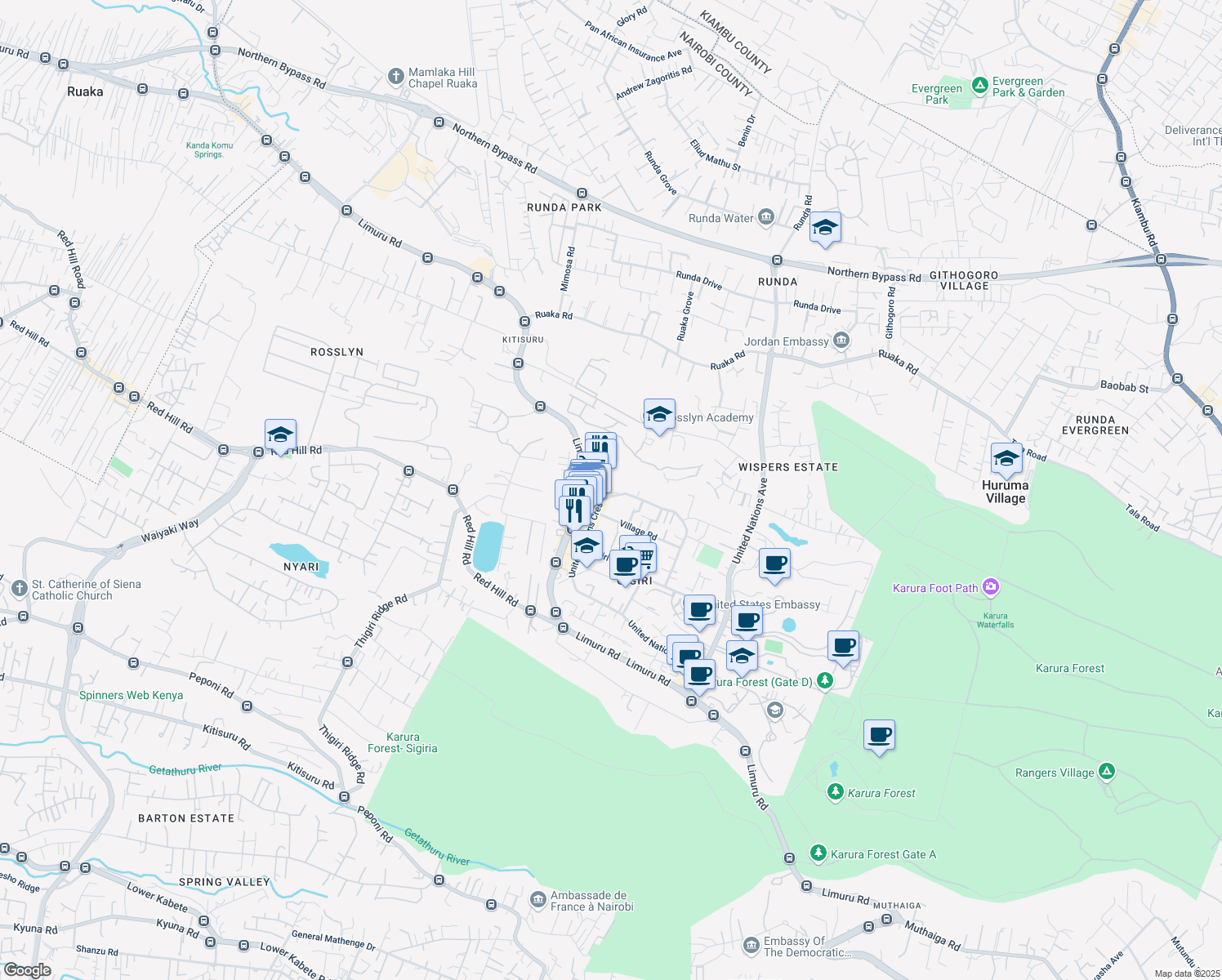 map of restaurants, bars, coffee shops, grocery stores, and more near United Nations Crescent in Nairobi