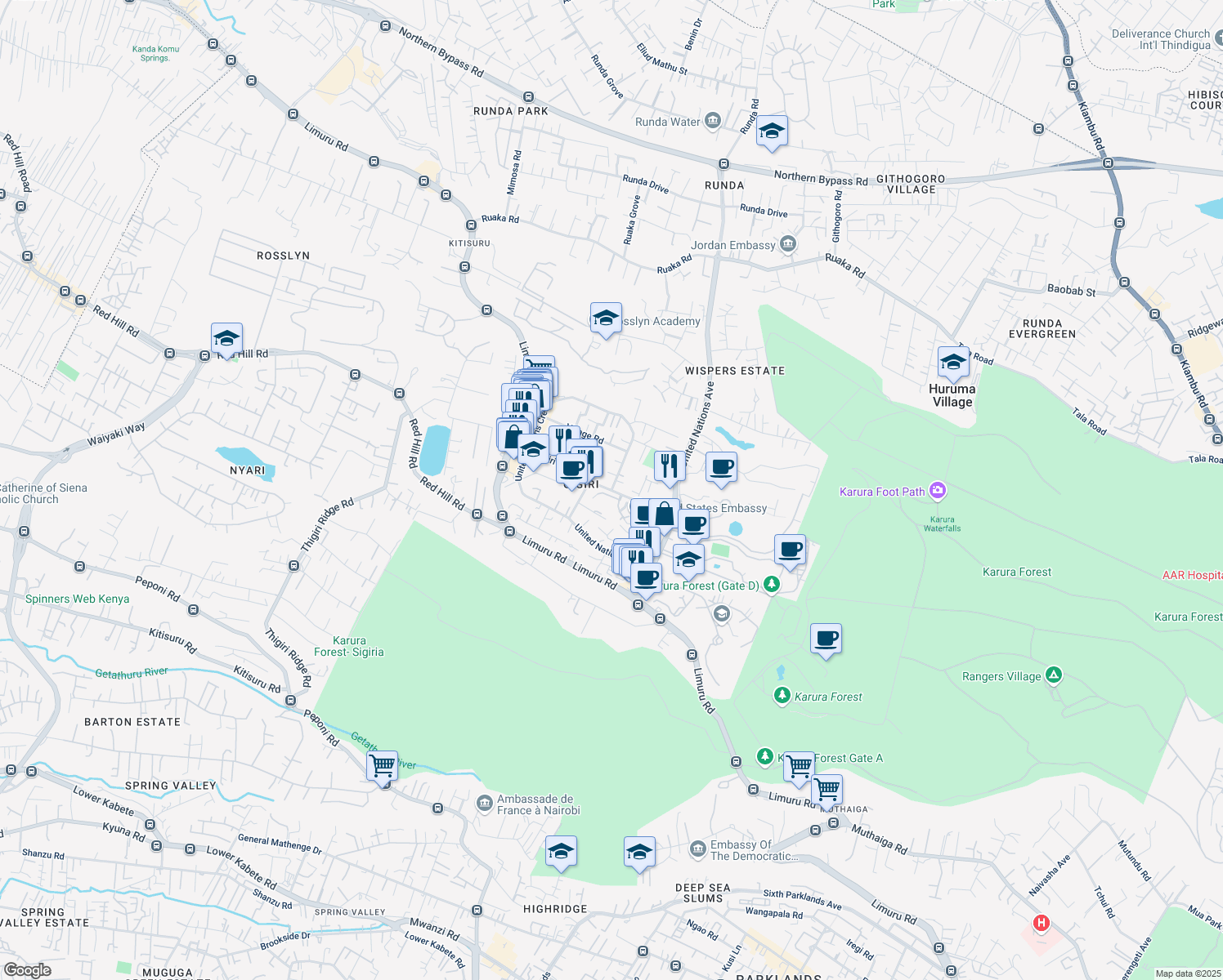 map of restaurants, bars, coffee shops, grocery stores, and more near United Nations Crescent in Nairobi