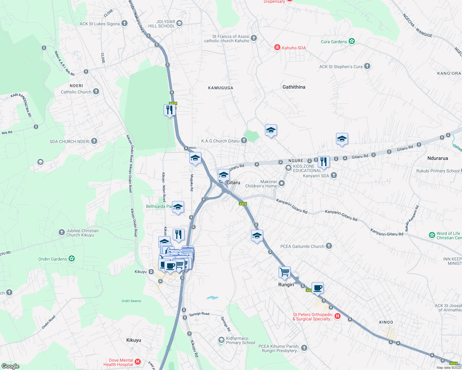 map of restaurants, bars, coffee shops, grocery stores, and more near in Gitaru