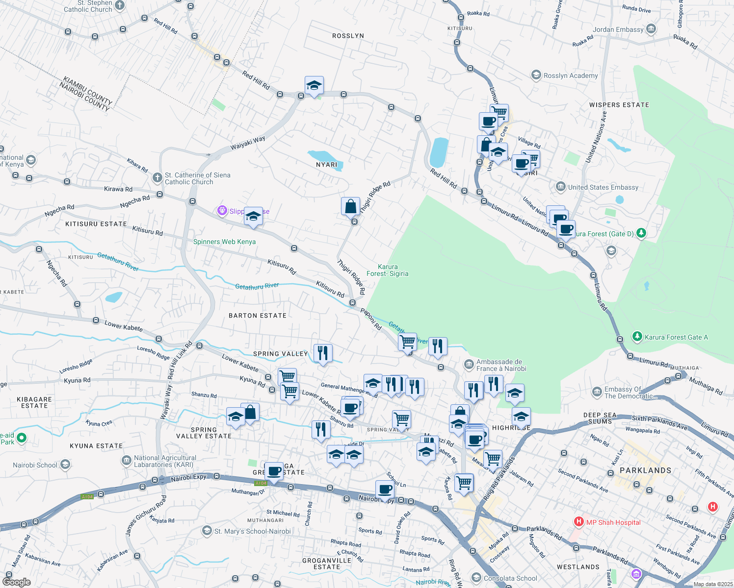 map of restaurants, bars, coffee shops, grocery stores, and more near 132 Thigiri Ridge Road in Nairobi
