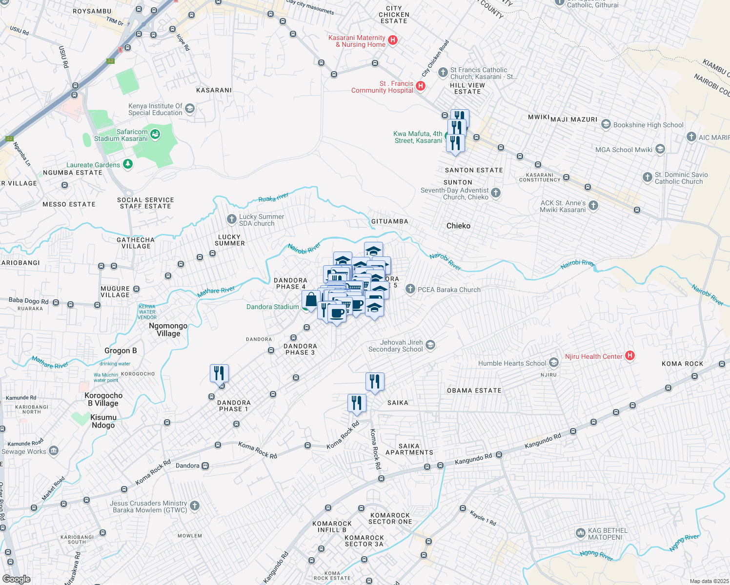 map of restaurants, bars, coffee shops, grocery stores, and more near Muigai Kenyatta Road in Nairobi